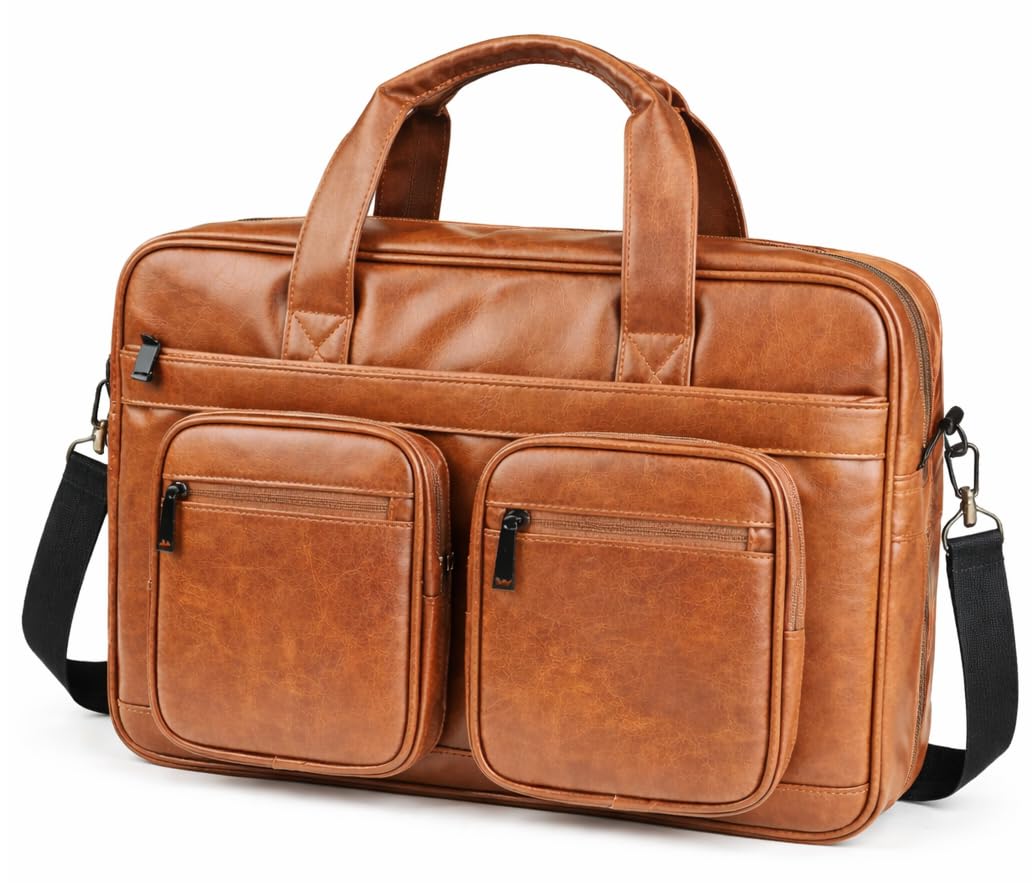 MOCA Laptop Bag for Men & Women, 15.6 Inch Office Messenger Bag, Multi-Compartment PU Leather Shoulder Bag for Work & Travel