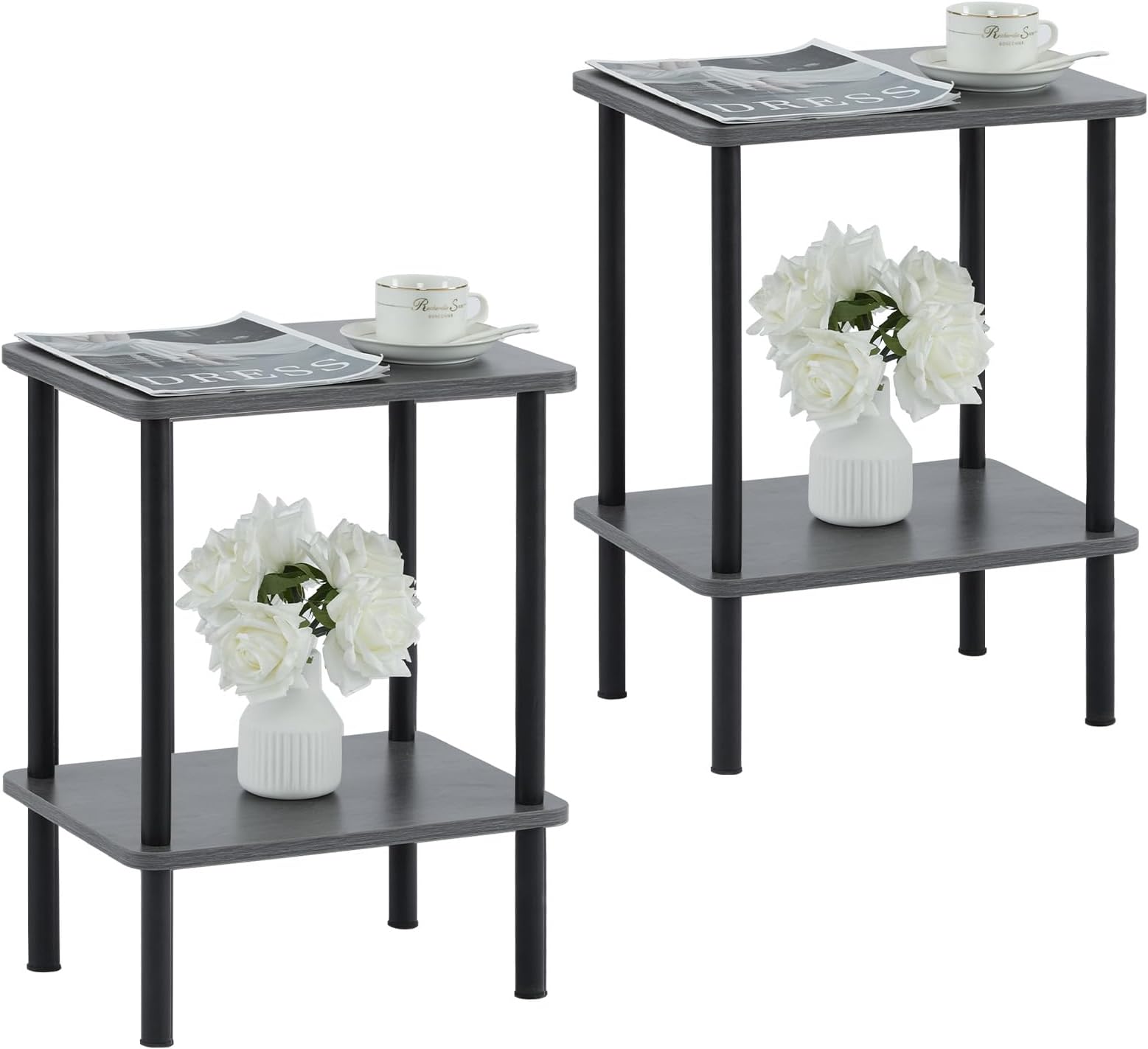 Apicizon 2 Tier End Table Set of 2, Boho Side Table with Storage Shelf, Nightstand Bedside Table for Small Spaces, Bedroom, Living Room, Entryway, Farmhouse, Easy Assembly, Grey