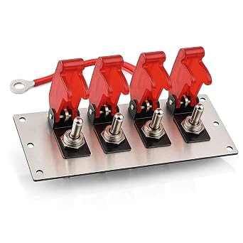 MGI SpeedWare 4 Gang Toggle Rocker Switch Panel for Automotive and Trucks, with Stainless Steel Faceplate and Safety Flip Covers Red