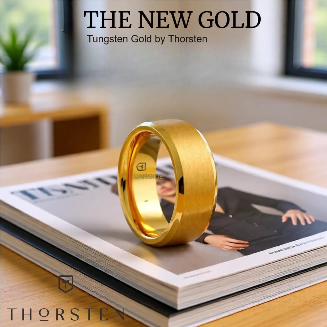 Roy Rose Jewelry Mens Tungsten Gold Plated Brushed Center Wedding Ring - Beveled Polished Edge Comfort Fit - 6mm 8mm Wide - Style name: HONOR