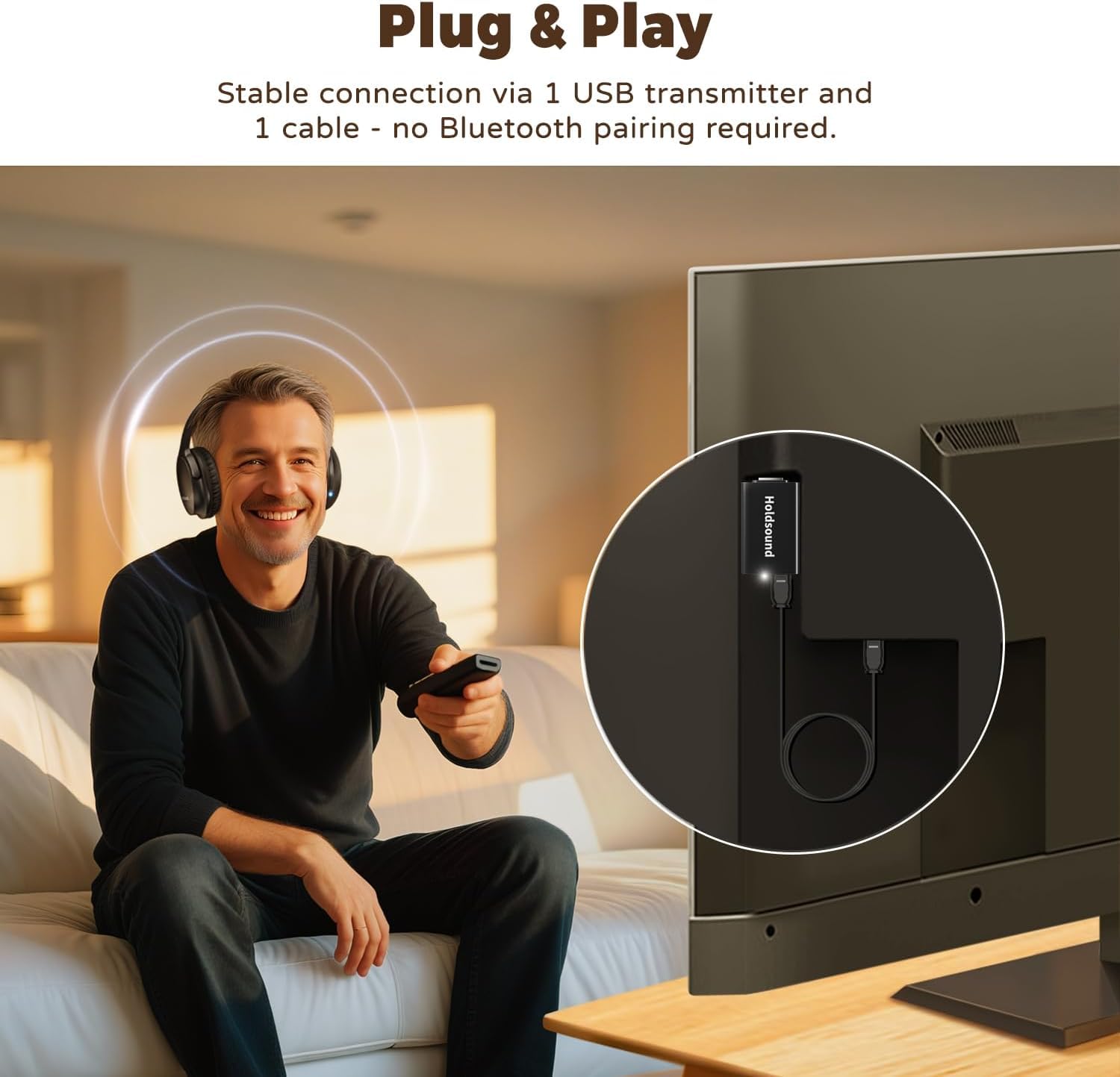 Holdsound BKM400 Cuffie wireless TV per anziani con trasmettitore Bluetooth USB set ottico, RCA, AUX e USB, fino a 50,3 m, nessun ritardo e uscita ad alto volume, 40 ore di riproduzione
