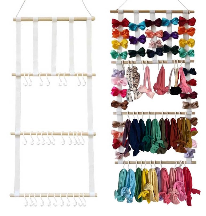 Image of Headbands & Bow Holder for Girls Hair Bows, Baby Headband Holder Organizer Hanging Newborn Hair Bow Storage Hair Accessories, Wall Hanging Decor for Baby Girls Room, Wall, Door (White)