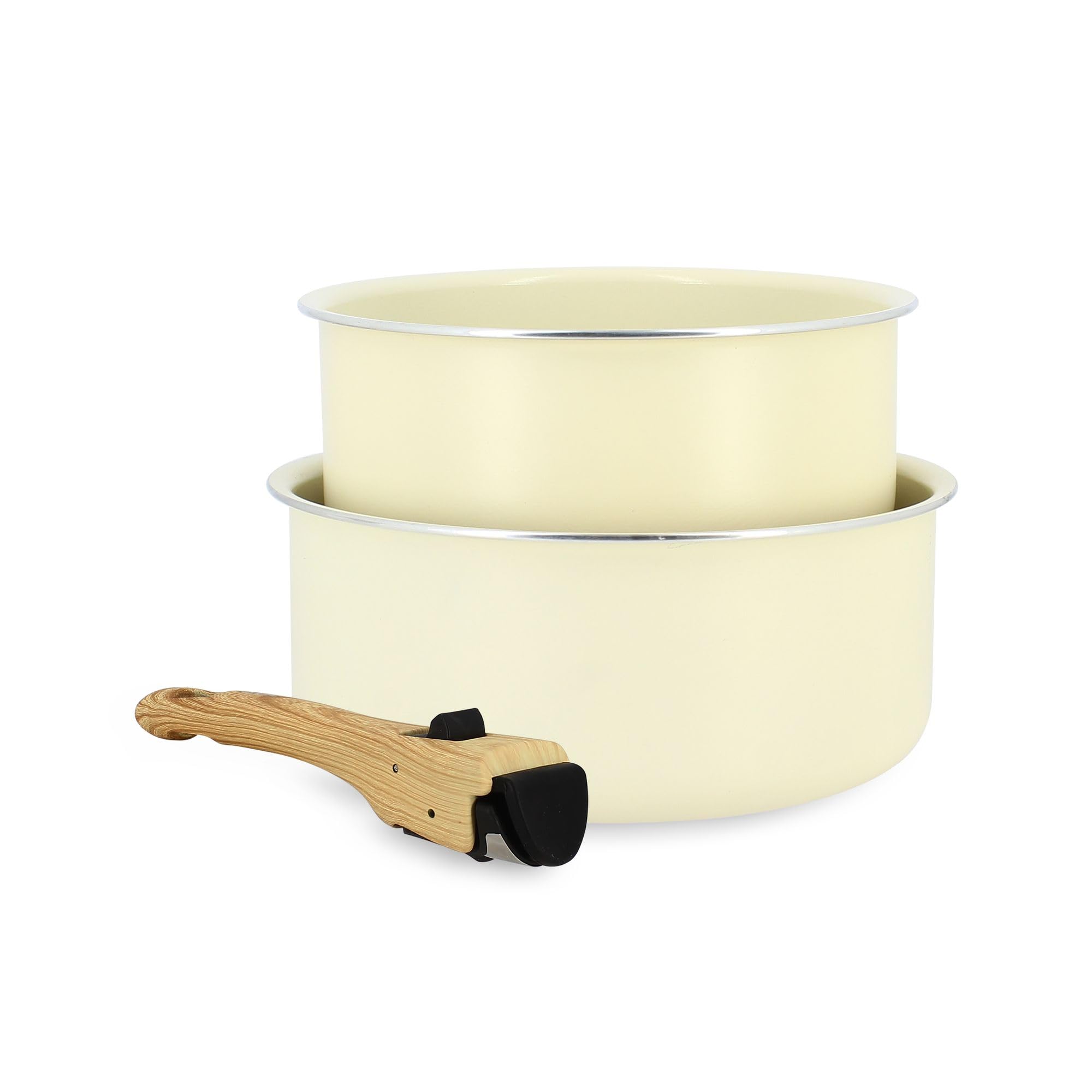 MENASTYL - Lot de 2 Casseroles Amovibles Empilables 16 et 18 cm - Tous Feux Dont Induction - Revêtement Céramique Antiadhésif sans PFAS - Gamme Colorama - Couleur Crème - 98% Aluminium Recyclé