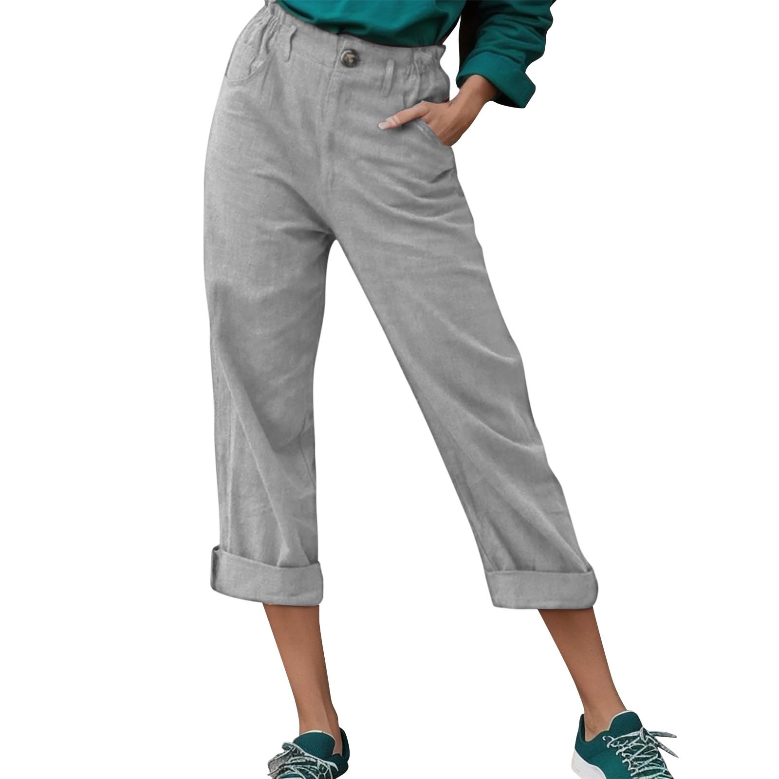Womens High Waisted Cotton Linen Capri Pants Wide Leg Dressy Casual Summer Floral Crop Trousers Plus Size Comfy