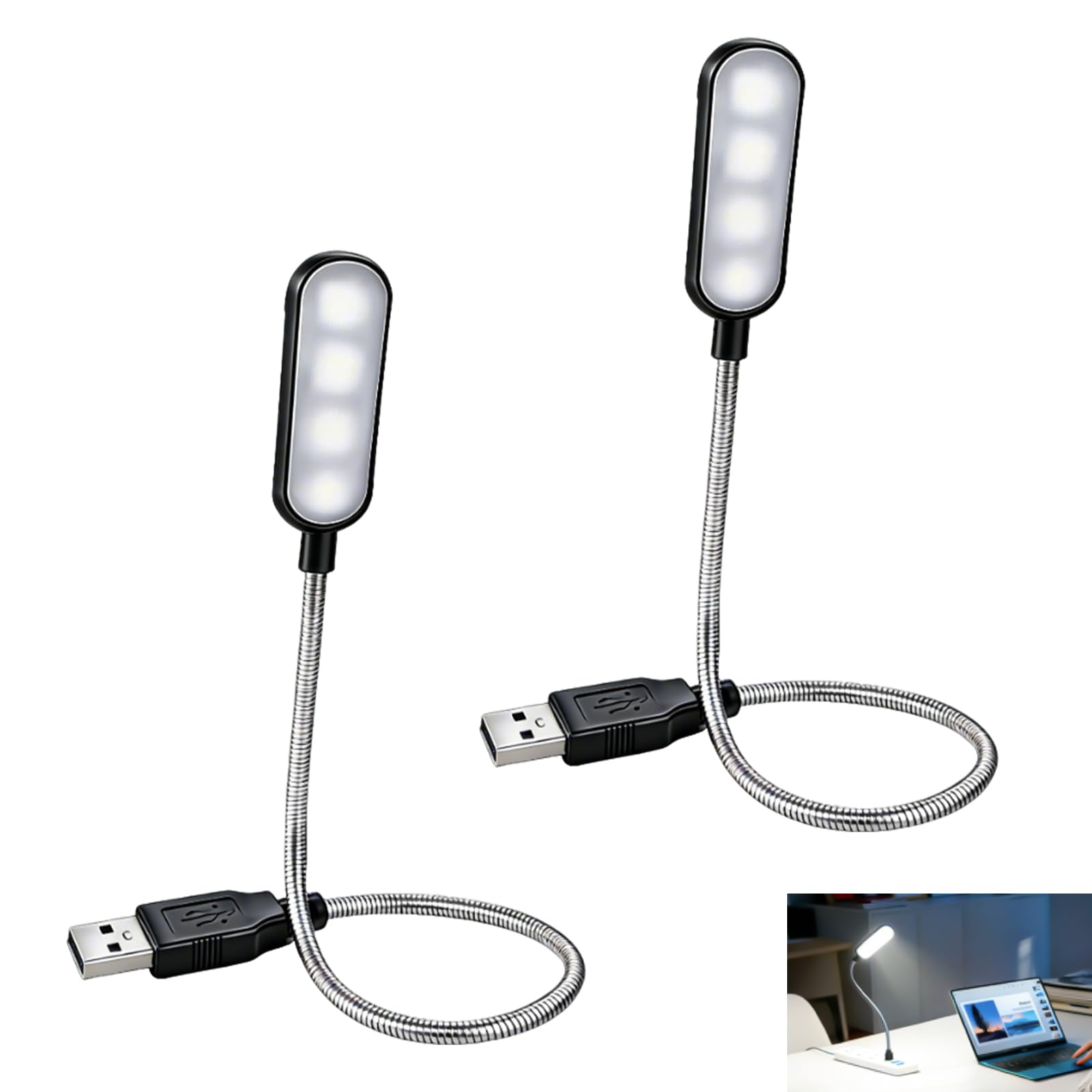 2 Pcs USB Light for Laptop, USB Keyboard Light, Portable Clip On Keyboard Lights Flexible Gooseneck LED Lighting for Laptop Notebook PC, Eye Care Night Lighting for Work Study Travel Camping (Black)