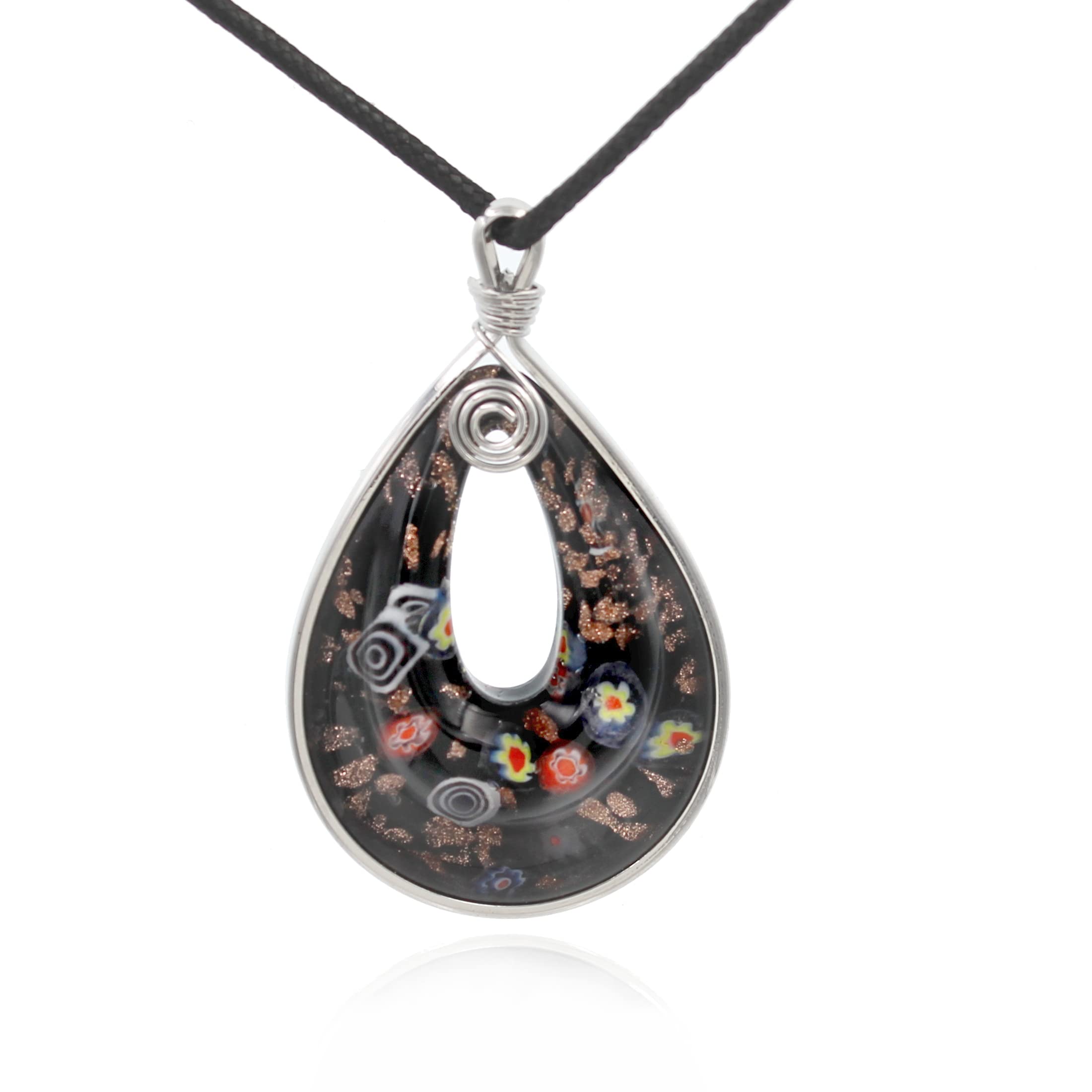 BESHEEK Handmade Murano Inspired Blown Glass Lampwork Art Black Millefiori Teardrop Donut Necklace Pendant Handcrafted Artisan Hypoallergenic Italian Style Jewelry