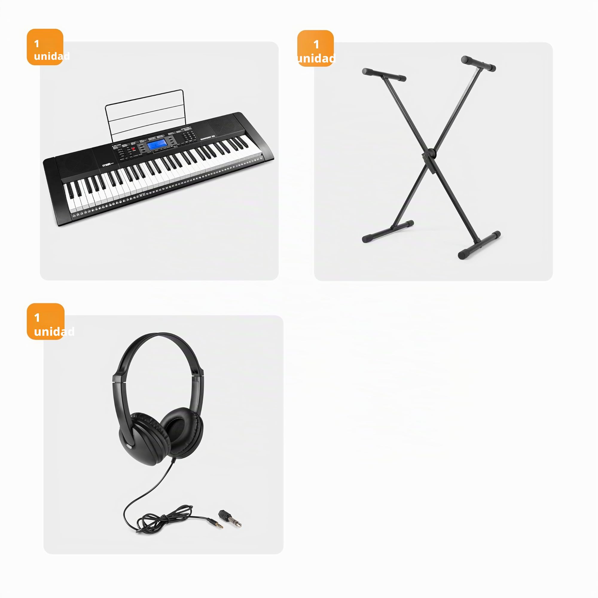 MAX Rhapsody61M Piano digital Midi, 61 teclas, teclado de piano eléctrico sensibles al tacto, 600 sonidos, USB, MP3, pantalla, modos de aprendizaje, entrada auxiliar, incluye auriculares y soporte