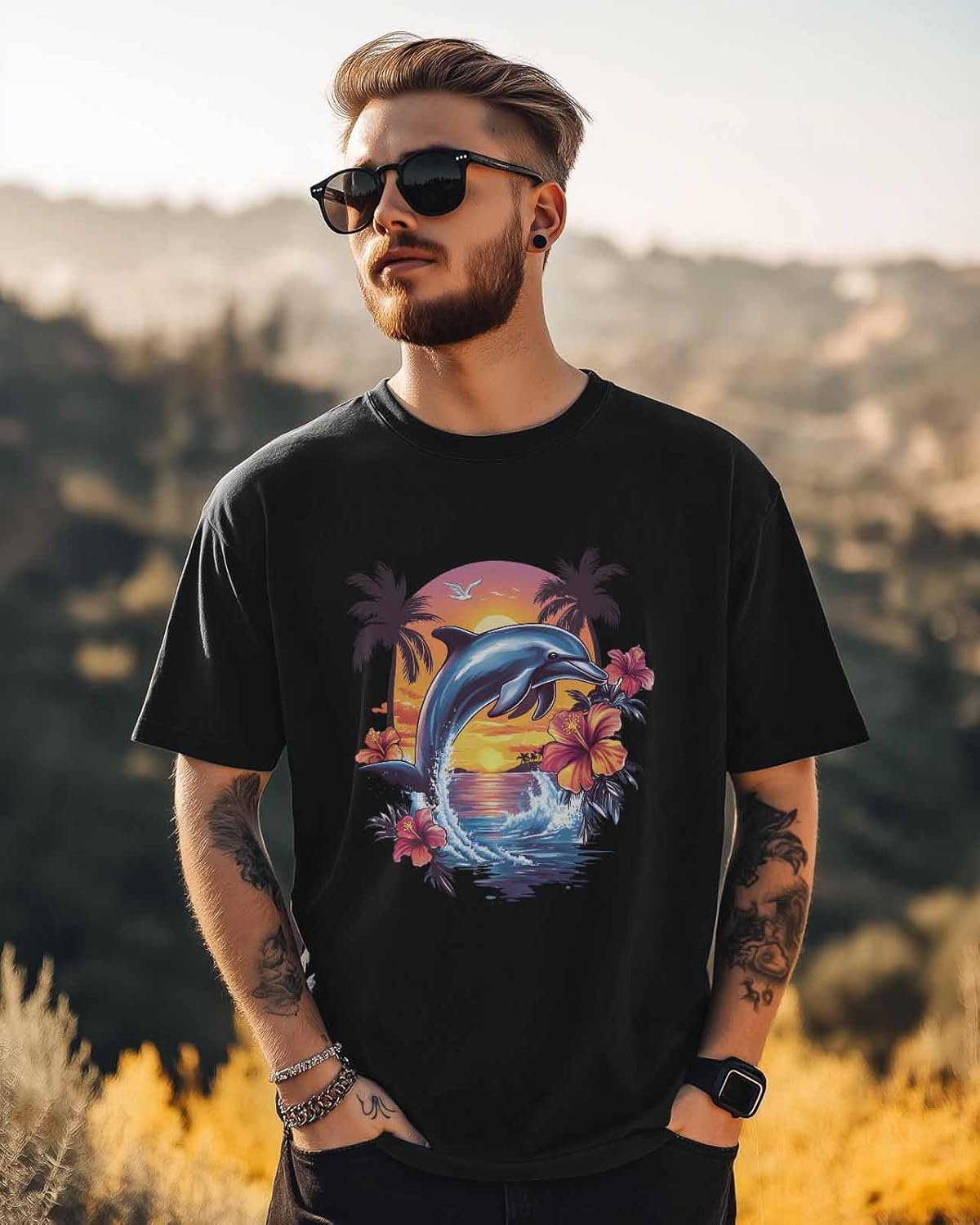 Men's T-Shirt Sea Dolphins Graphic Tees Cotton Short-Sleeve Casual Tops Flowers - Image 3