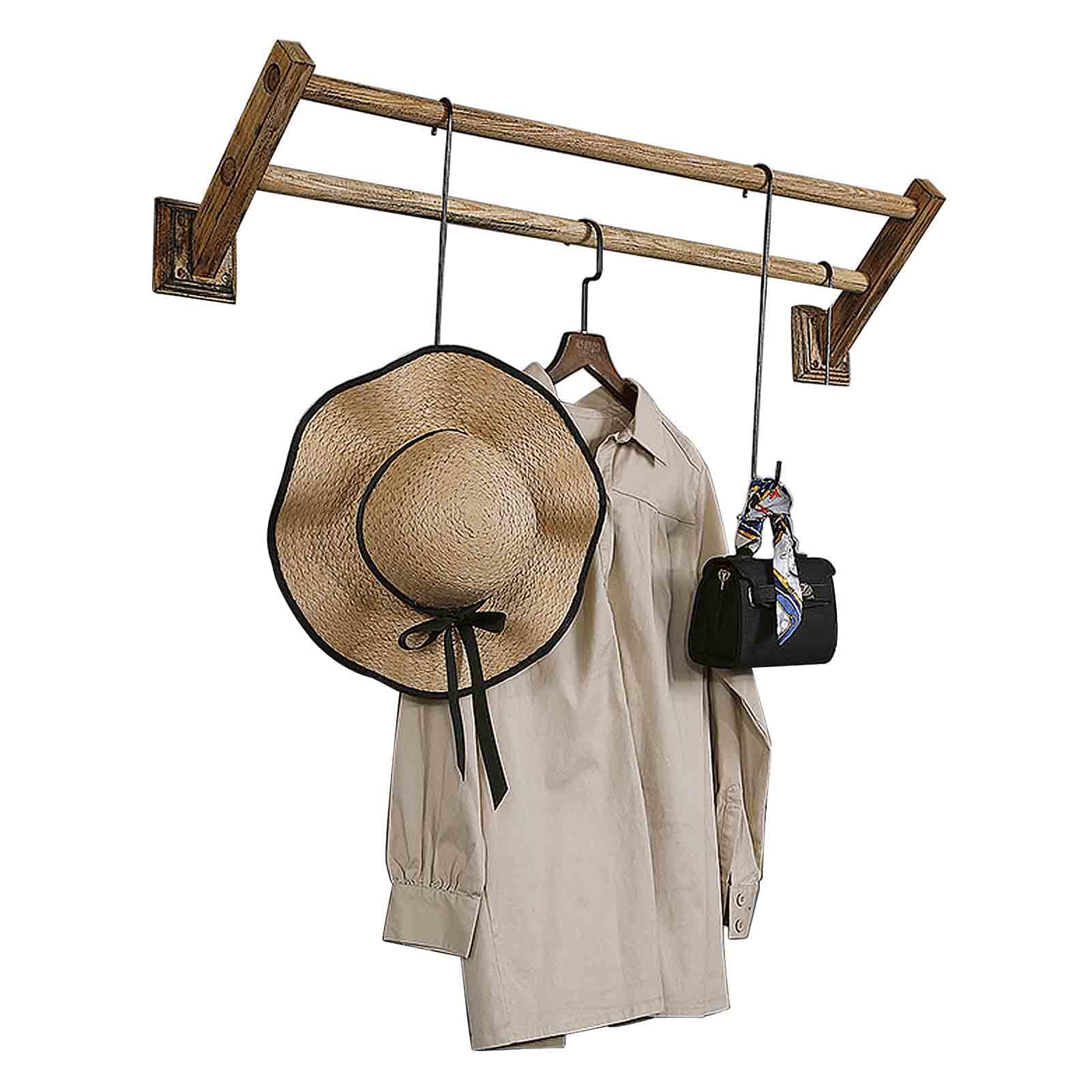Tringle à vêtements en bois massif pôle mural cintre vintage support acier inoxydable