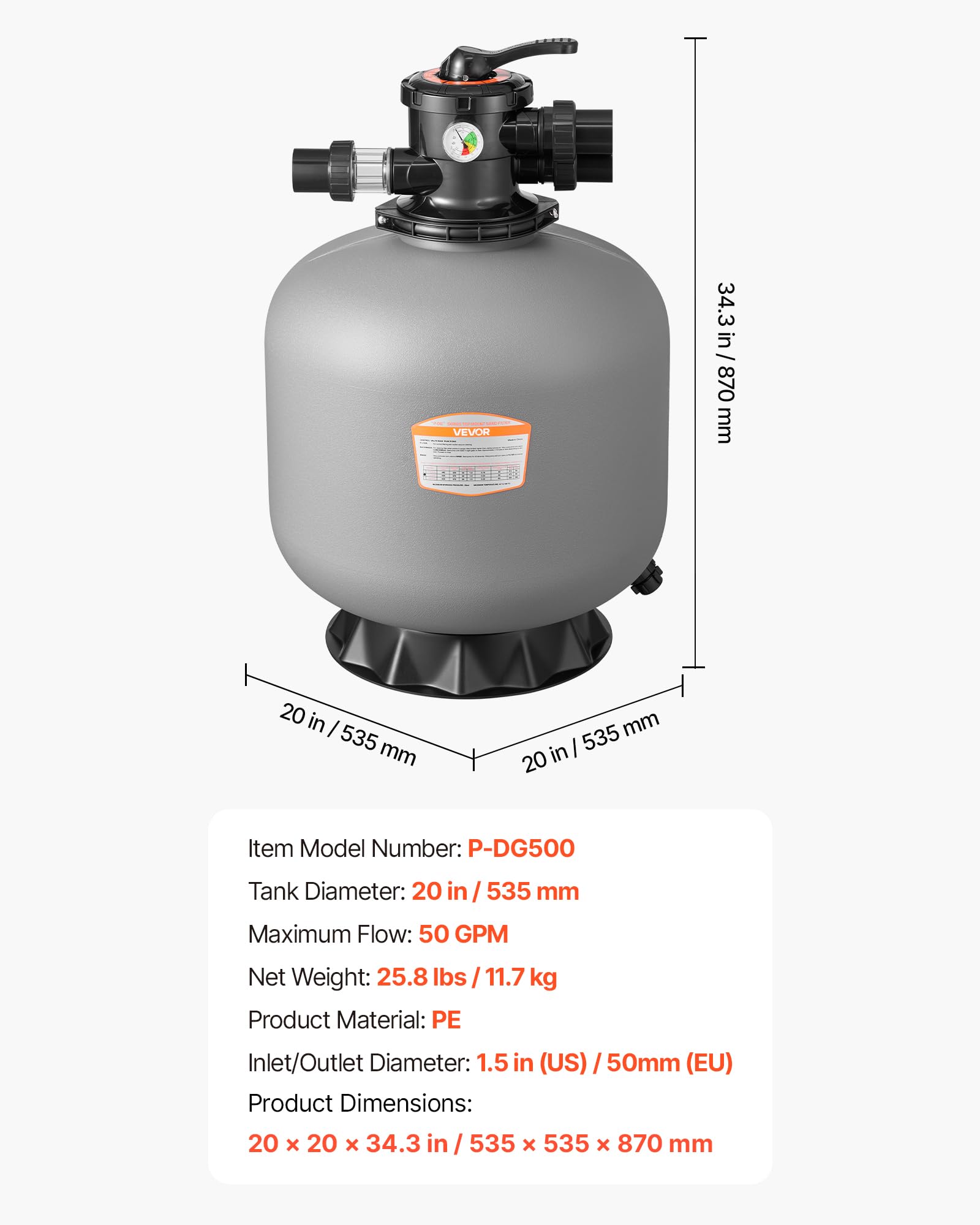 VEVOR Filtro de Arena de 535 mm y 189,3 LPM, para Piscinas Elevadas Enterradas, PE, con Válvula Multipuerto de 7 Vías, Retrolavado, Enjuague, Recirculación, Desagüe, Invierno y Modos Cerrados
