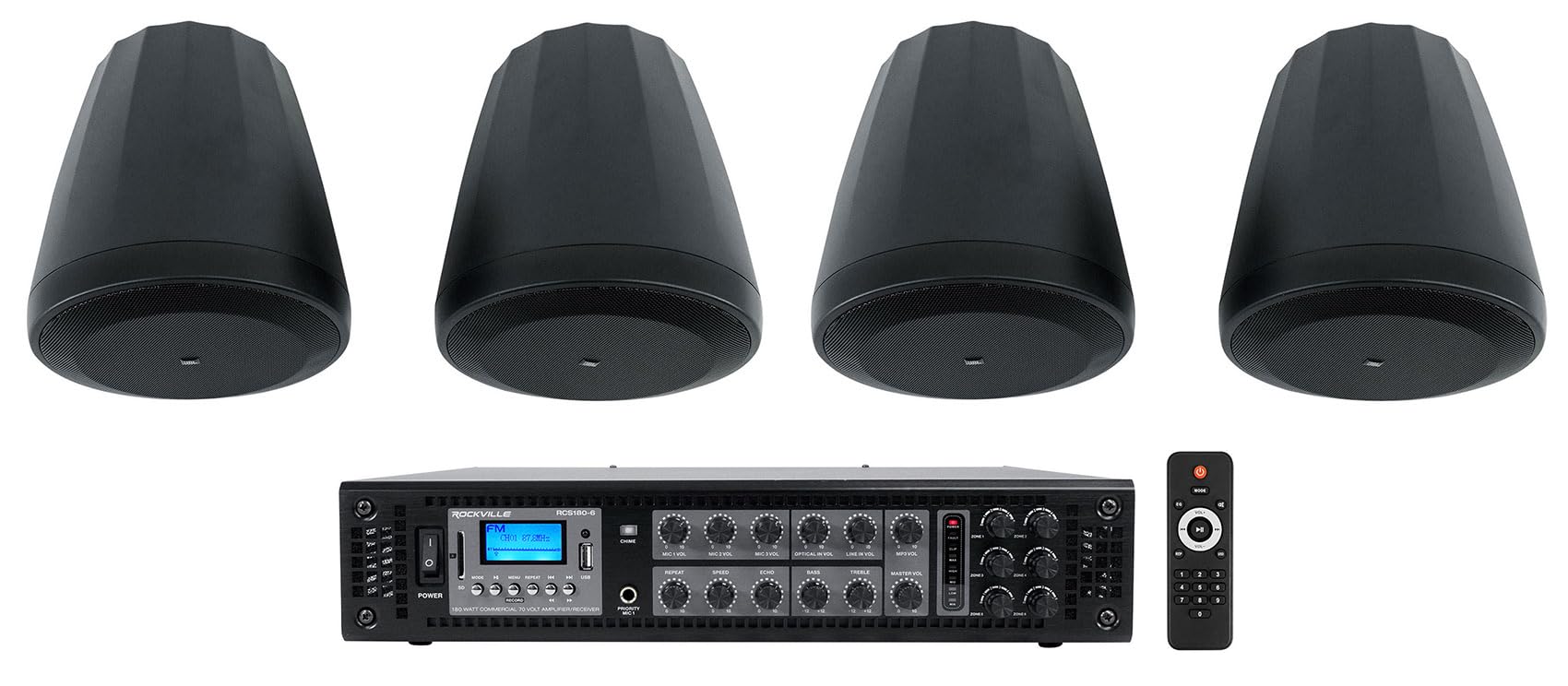Rockville (4) JBL Control 64P/T 4" 30w Commercial 70v Black Pendant Speakers Bundle Amplifier (5 Items)