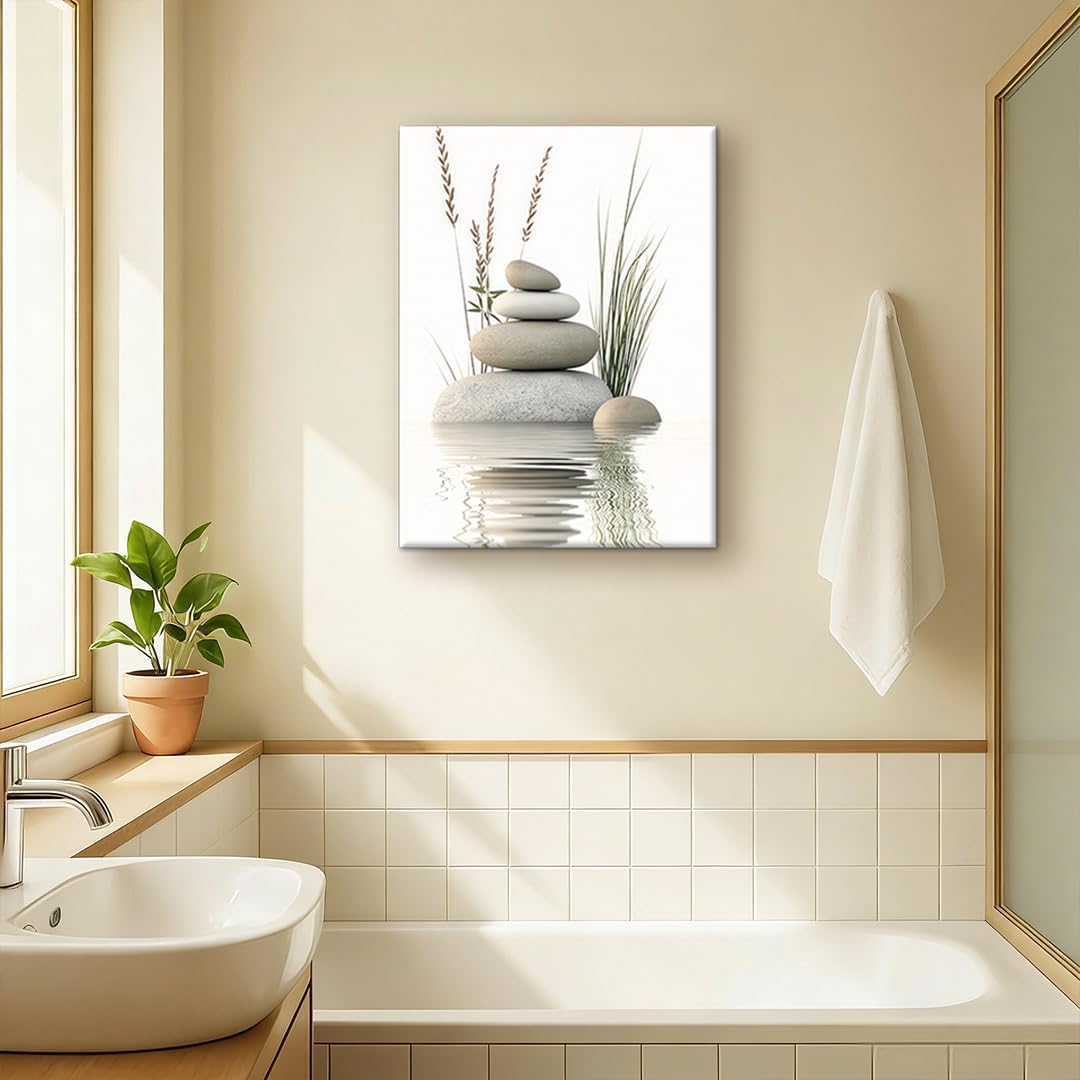 Zen Stone Canvas Wall Art Neutral Stacked Stones in Water with Wild Grass Painting Minimalist Zen StoneTranquil Spa Yoga Meditation Poster Print for Bathroom Bedroom Wall Decor Ready to Hang 16x24in