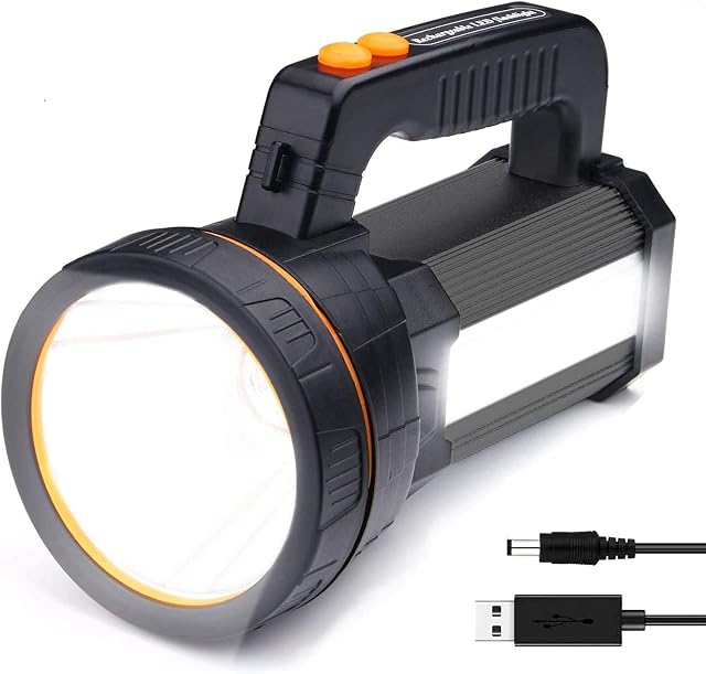 Rechargeable LED Torch - Multi-Functional Flashlight with 6 Lighting Modes, Super Bright 7000 Lumens 6600 mAh Camping Lantern, High Power Hand held Spotlight Searchlight (Black)