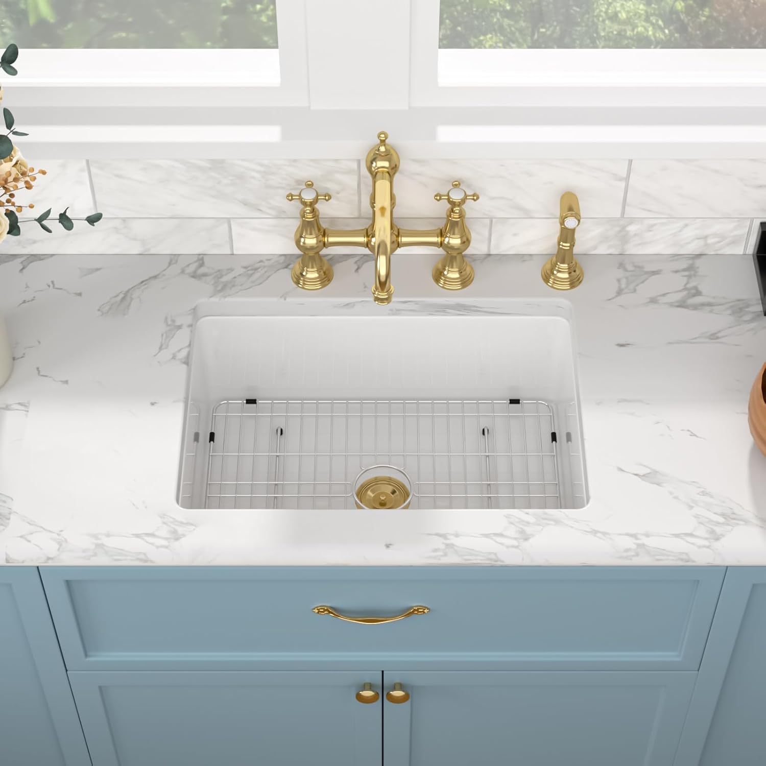 Sarlai 30 Inch White Undermount Kitchen Sink - Large Kitchen Sink Drop In 30"x18"x10" Dual Mount White Sinks Topmount Single Bowl Fireclay Basin with Custom Accessories