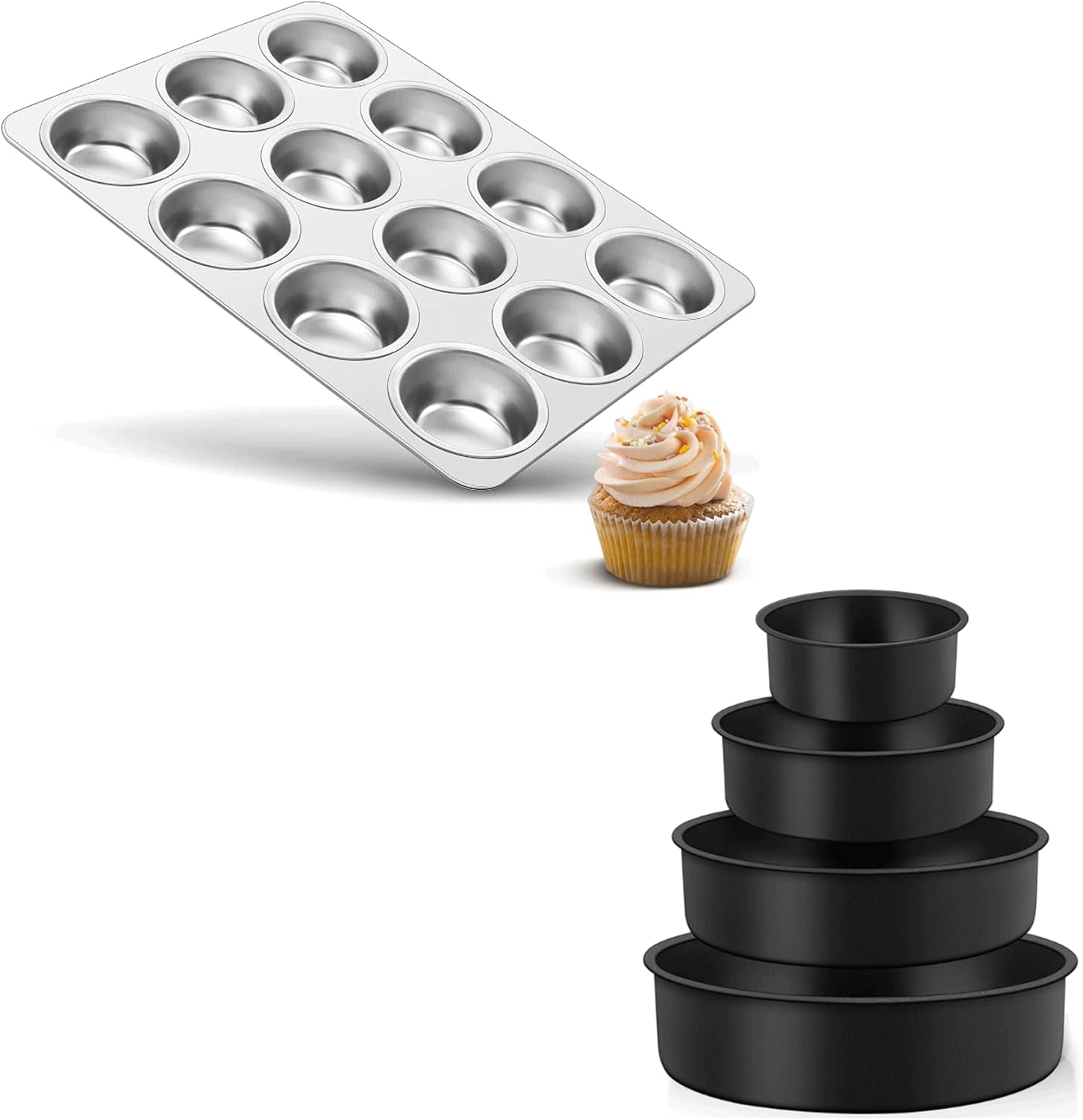 TeamFar 12-Cup Muffin Pan & Coated Cake Pans, Stainless Steel Cupcake Baking Pan for Oven, Smooth & Easy Clean