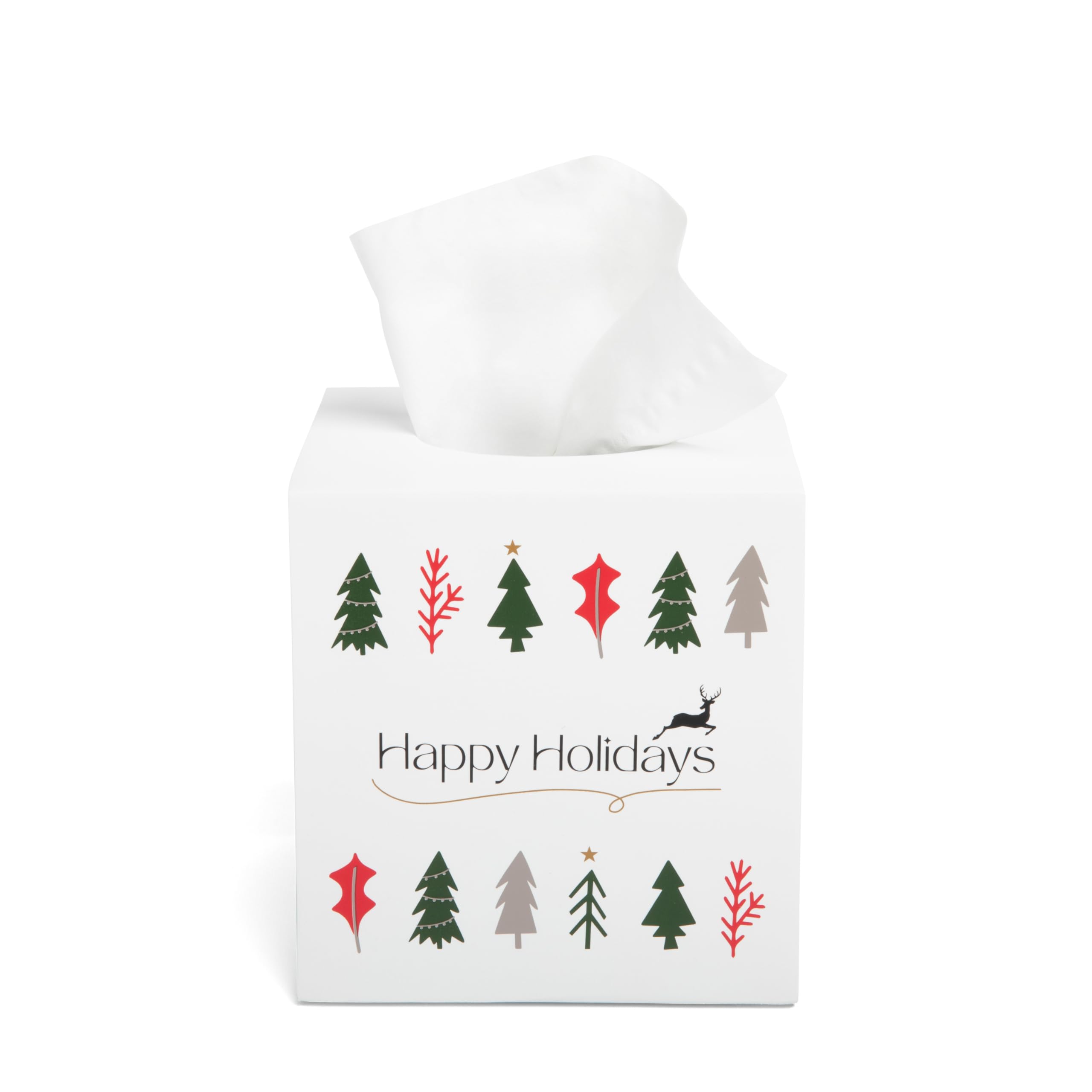 Essentra HomeDecorative Matte White Christmas Tissue Box Cover – Square Polyresin Holder with Festive Trees and Reindeer – Holiday Bathroom, Kitchen, Office & Home Decor