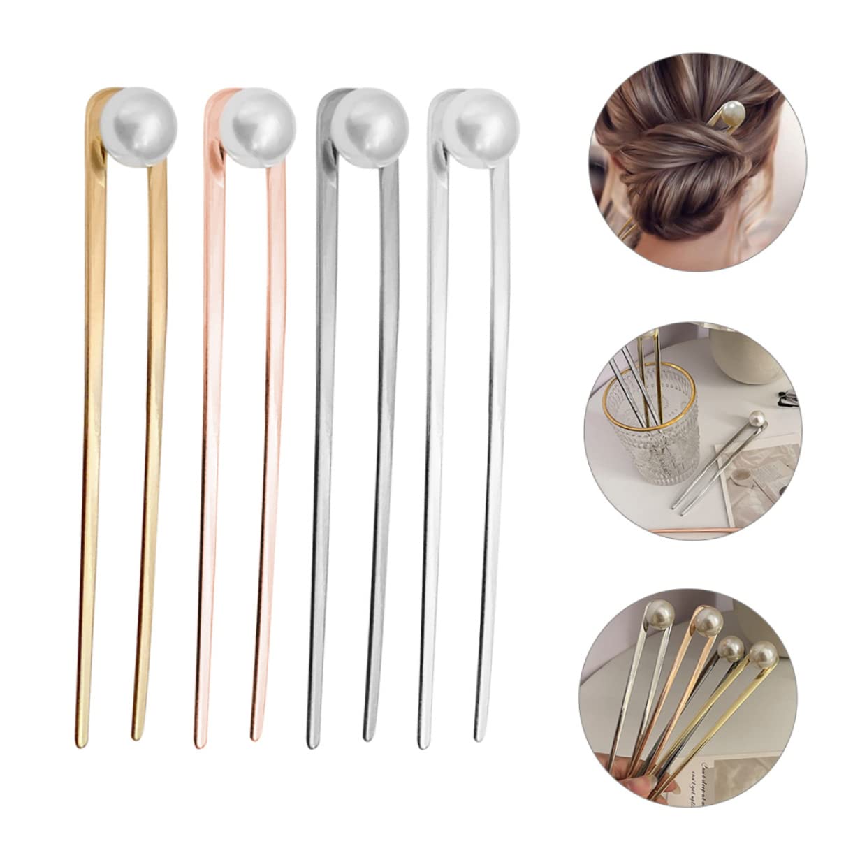 FRCOLOR 8 Pz A Forma di U Forcina Perline Per Capelli Bacchette Di Perline Chignon Ago Sposa Forcella Di Perline Capelli Per Le Donne Nodo Miss Muffin Lega Semplice