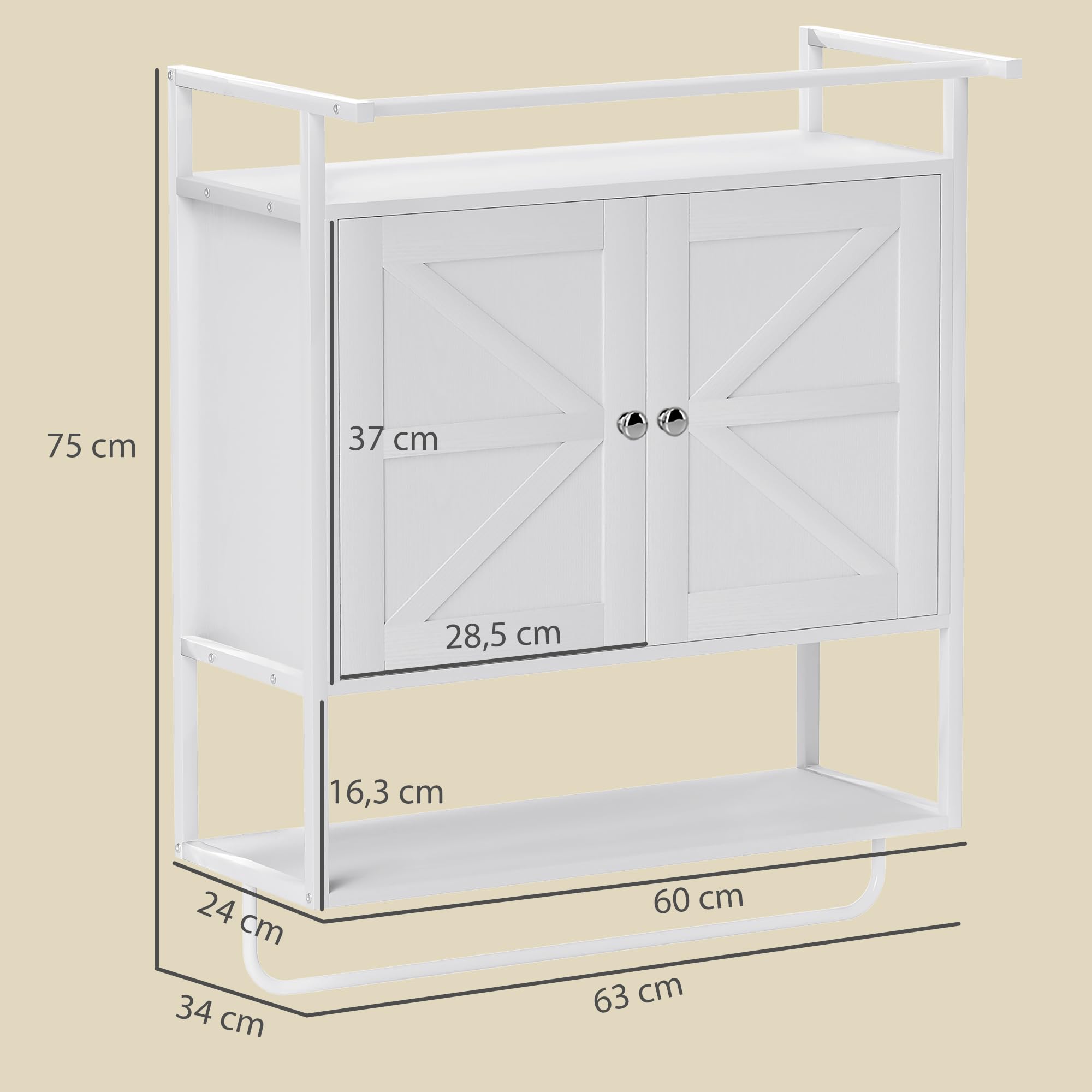HOMCOM Armario de Pared para Baño Multiusos Armario Colgante de Almacenamiento Mueble de Baño Suspendido con Estante Toallero 2 Puertas 63x34x75 cm Blanco