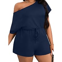 Eytino Womens Plus Size Jumpsuits Off The Shoulder Summer Rompers Casual Short Sleeve Overalls with Pockets1X-5X