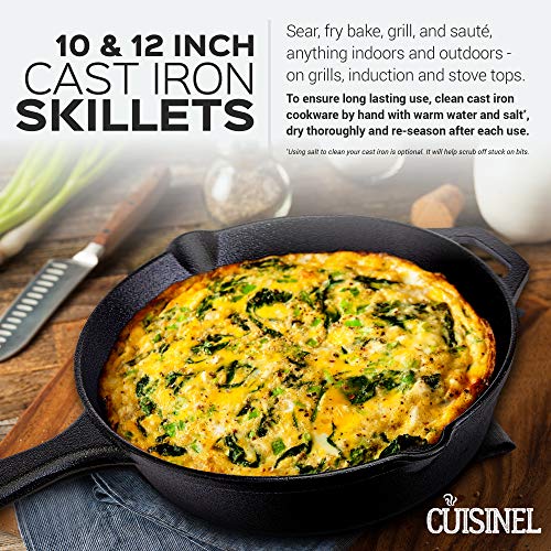 Image of Cuisinel Pre-Seasoned Cast Iron Skillet 2-Piece Set (10-Inch and 12-Inch) Oven Safe Cookware- 2 Heat Resistant Holders