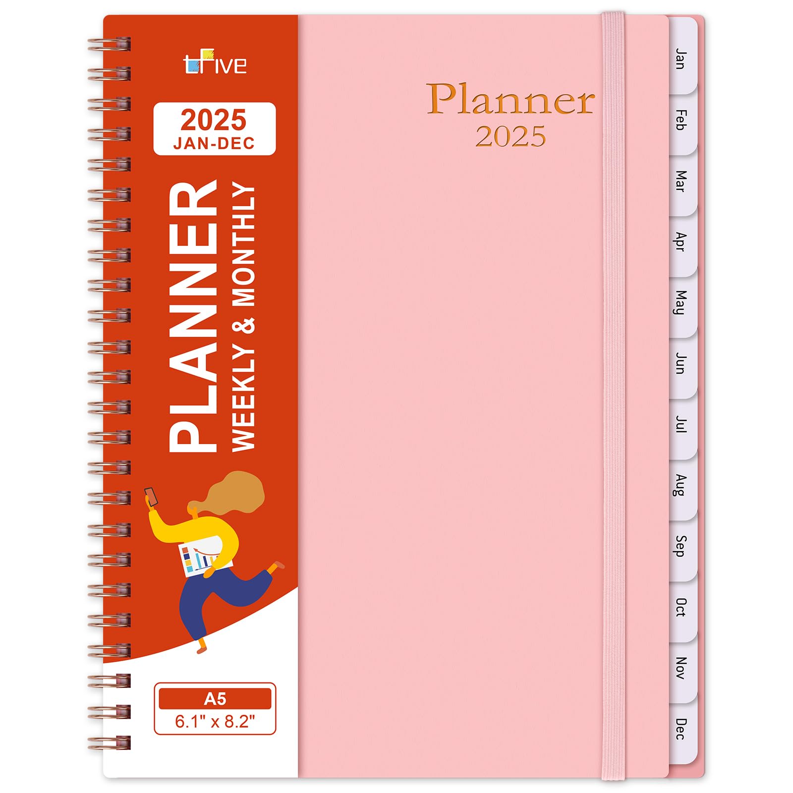 2025 Planner, Weekly and Monthly Calendar Planner, Jan 2025 - Dec 2025, A5 6.1" x 8.2", Planner 2025 with Tabs, Flexible Cover, Wire bound, Includes Contacts, Notes, Reference Pages - Pink