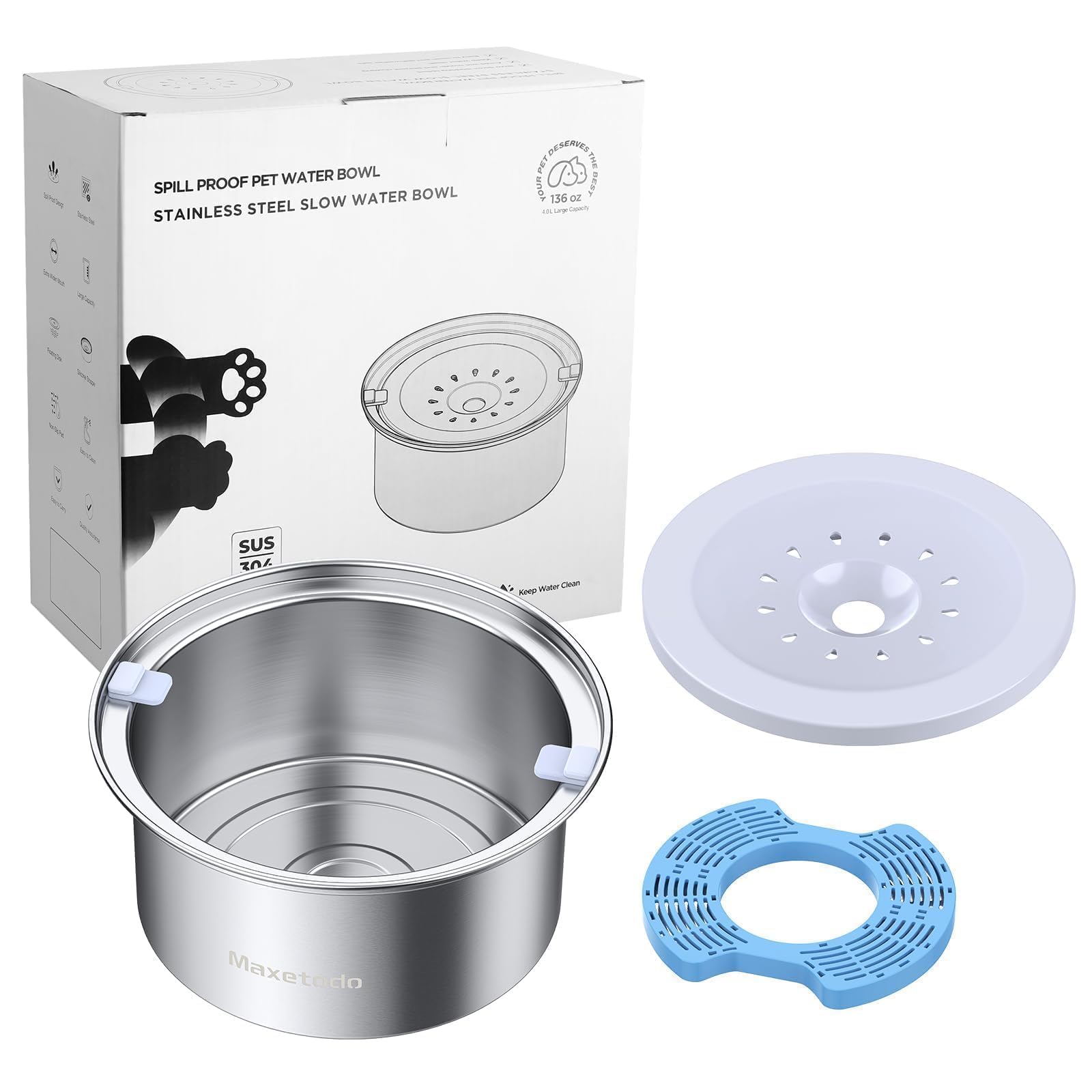 Bebedero Perro Antigoteo 4L de Aceros Inoxidables Anti Salpicaduras y Antideslizante Diseño Desmontable para Mascotas con Reemplazables Incorporadas de Materias Primas
