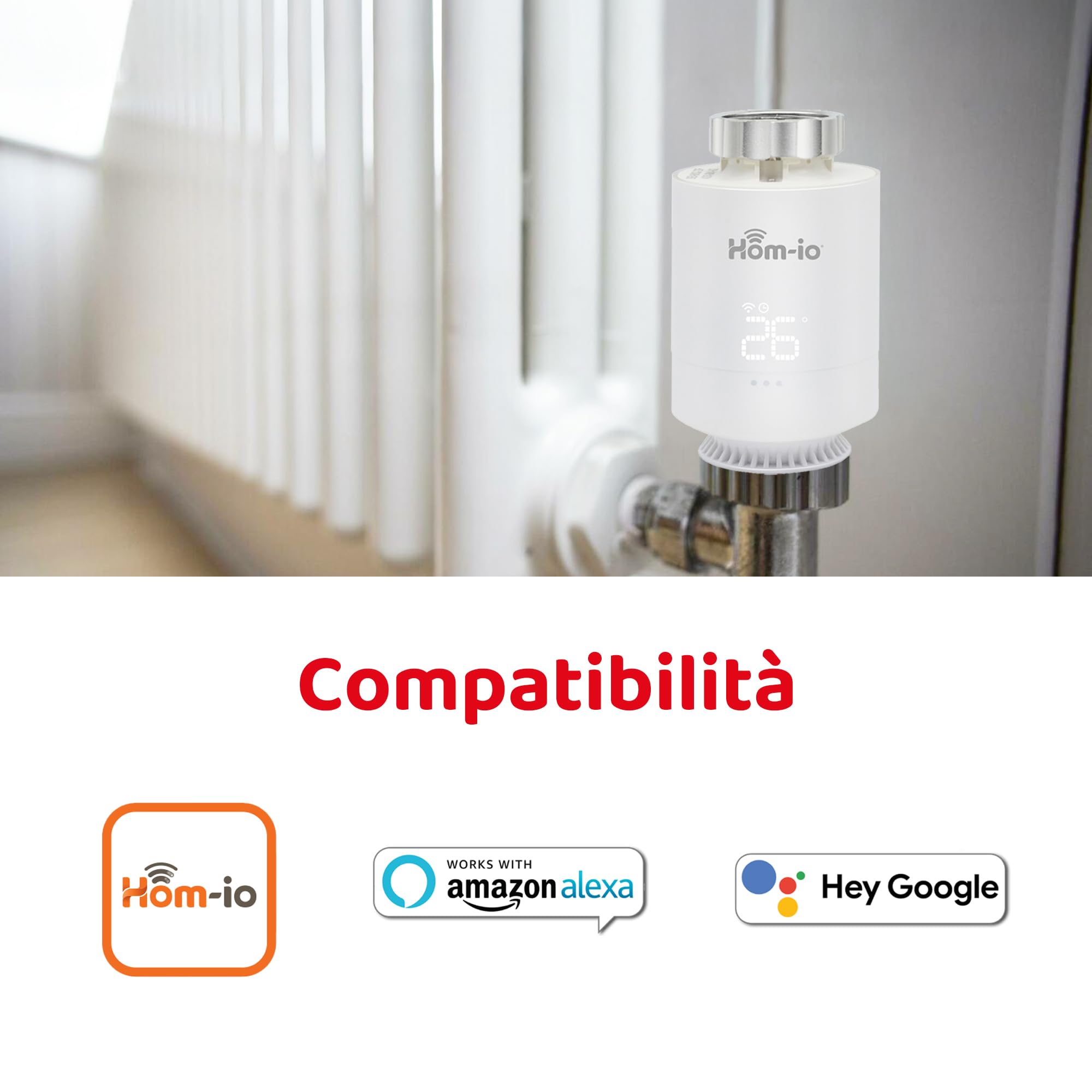 HOM-KIT-TERMOV2 Kit Valvole Termostatiche Smart WiFi, Testa Termostatica e Gateway Zigbee per Controllo Intelligente Riscaldamento, Compatibile Alexa e Google Home