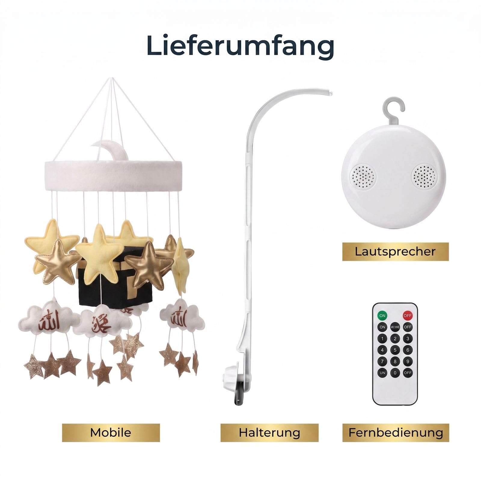 Muslimisches Baby-Mobile mit Koran Lautsprecher - Alle 114 Suren, Fernbedienung, Babybett-Mobile mit Kaaba, Allah & Muhammad, Geschenk zur Geburt