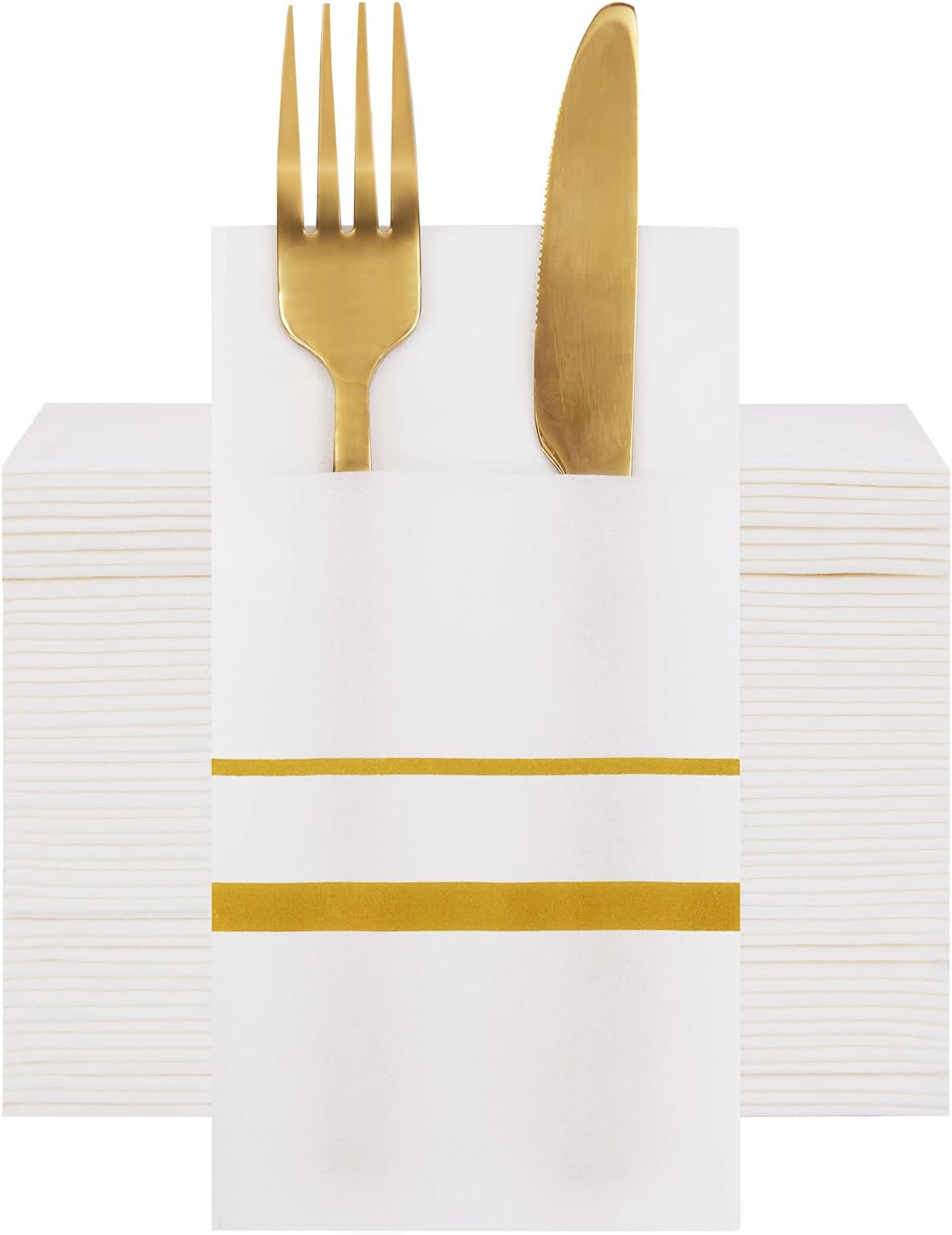 – Disposable Dinner Napkins with Built-in Flatware Pocket, Linen-Feel Cloth-Like Napkins, Gold Straight Line Elegant for Party, Wedding (16 "x 16")