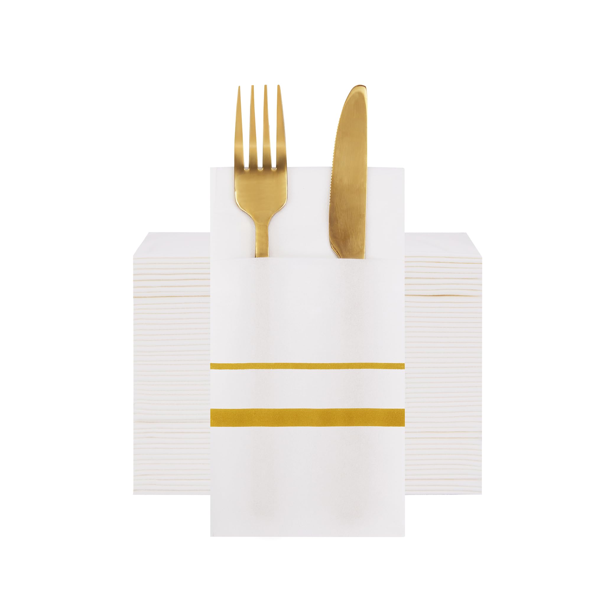 50 Pack Disposable Cloth Like Napkins Built-in Flatware Pocket, Linen Feel Napkins with Gold Straight Line, Prefolded for Silverware (16 "x 16")