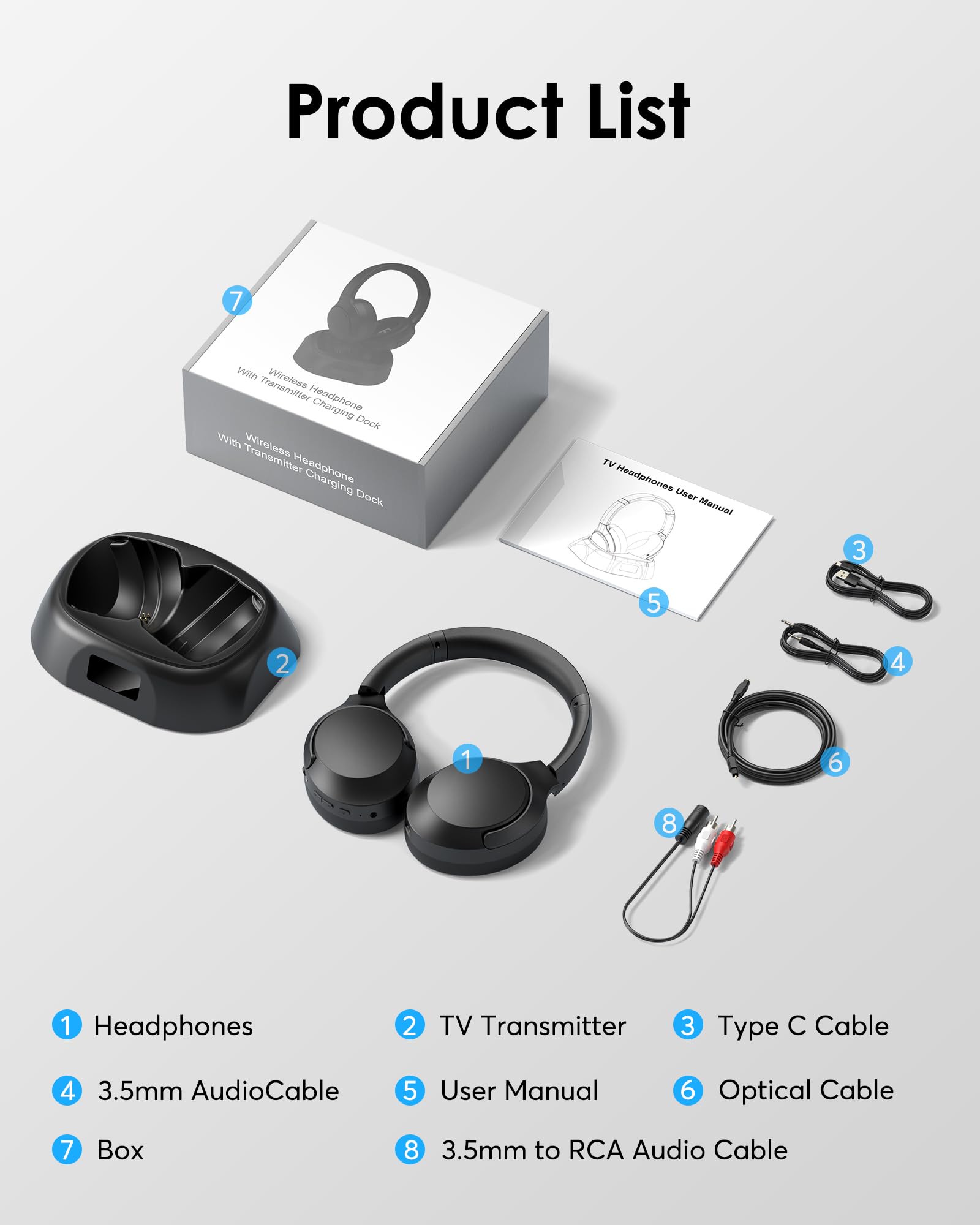 Doohoeek Casque Audio TV sans Fil, Casque Bluetooth 5.3 avec Station de Charge & Écran Digital, Autonomie 60H, Casque Léger et Pliable pour TV (Optique, AUX & Bluetooth)