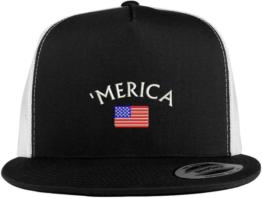 Trendy Apparel Shop Merica Small American Flag Embroidered 5 Panel Flat Bill 2-Tone Trucker Mesh Cap