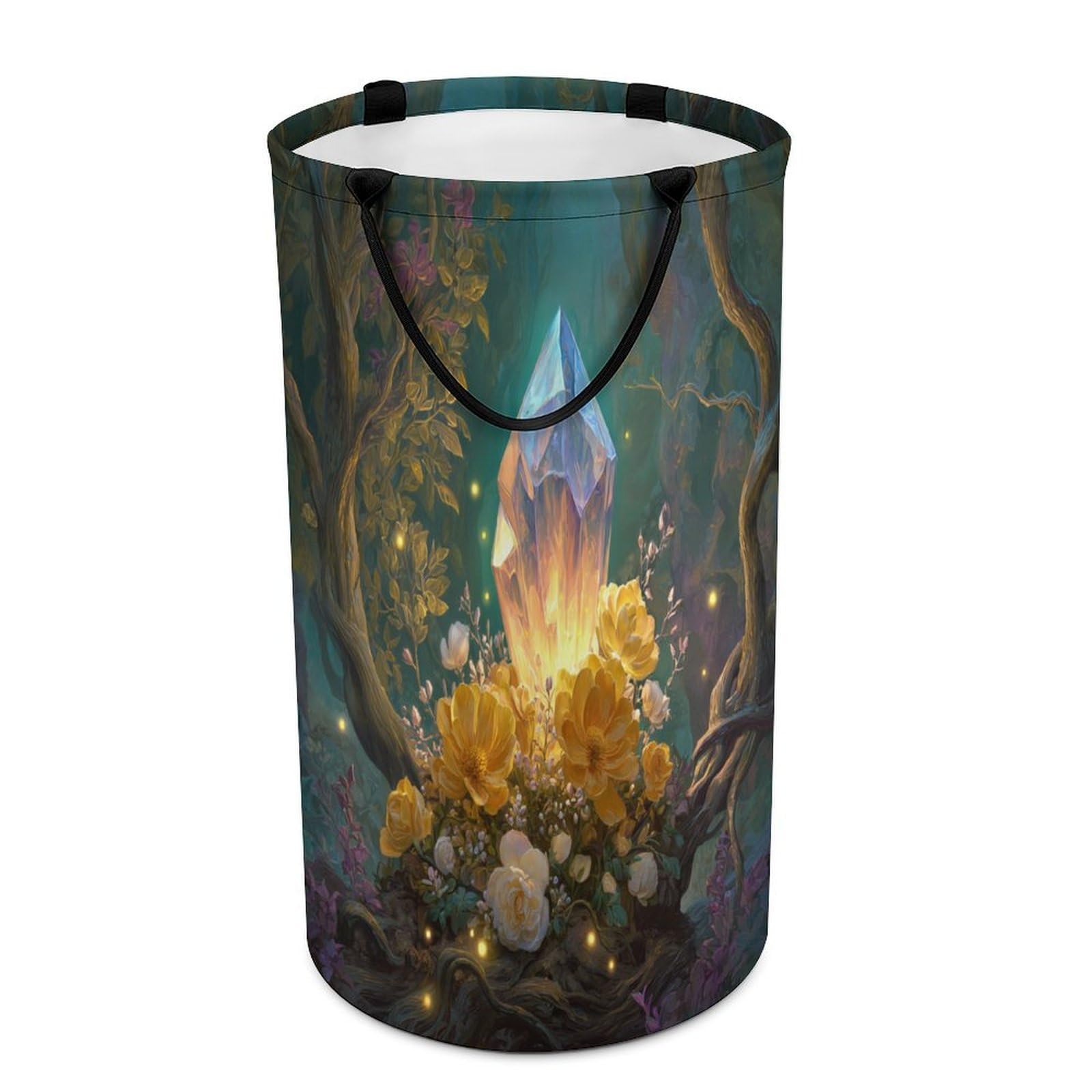 LUYYSKY Classic Modern Fairy Crystal Collapsible Dirty Clothes Basket, Rustic Watercolor Enchanted Forest Plant Daisies Flowers Portable Clothes Storage Laundry Basket-40 CM Dia, 69 CM High