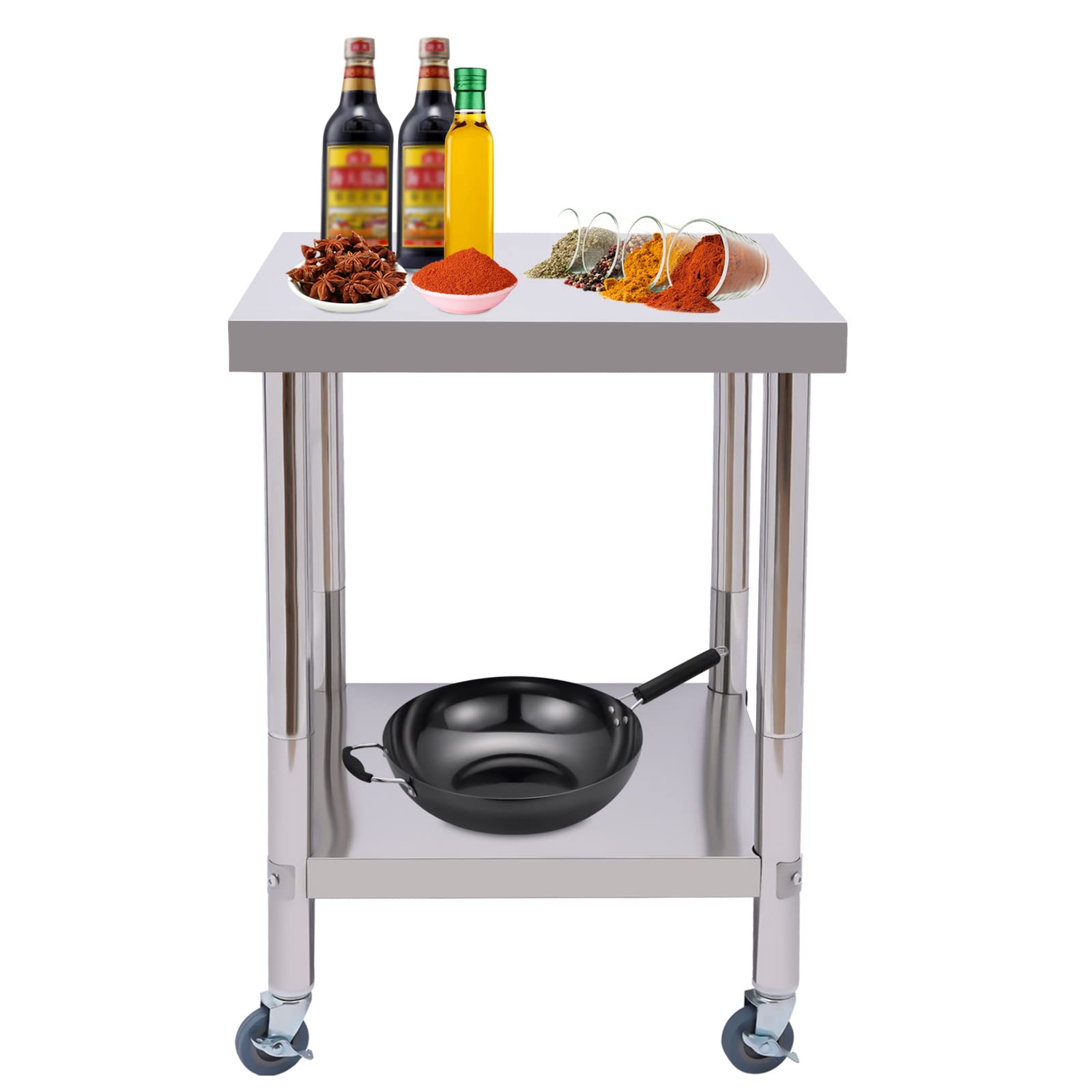 Mesa de trabajo de acero inoxidable para preparación de alimentos comerciales, mesa de trabajo con estante inferior, mesa de cocina para restaurante, hogar y hotel, 60 x 60 x 85 cm