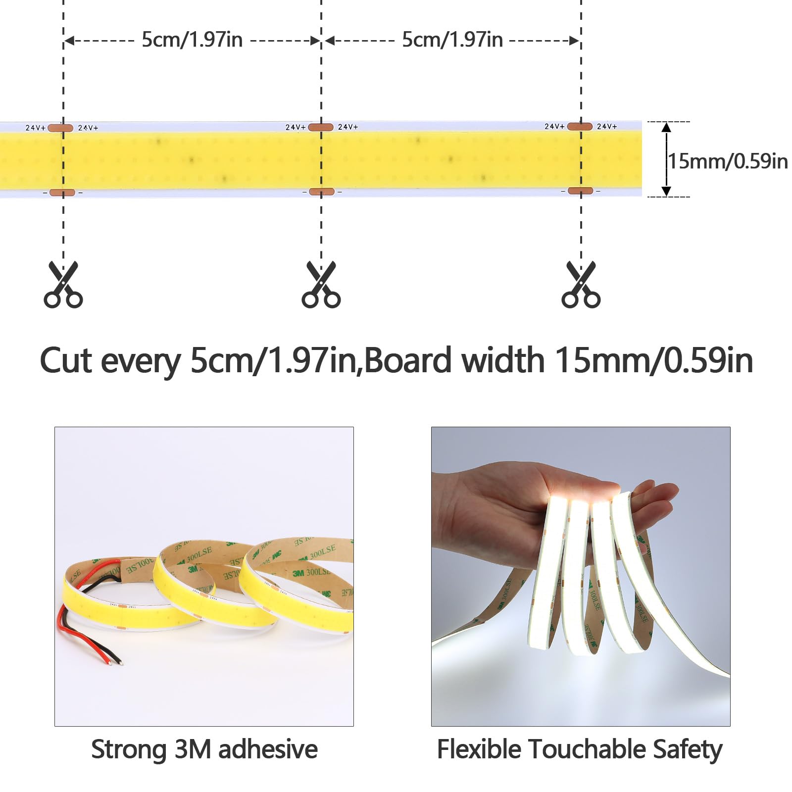 GOMING Szerokość 15mm Taśma LED COB 24V 5M Chłodna Biel 6000K 25W/M 13750lm CRI 93+ 960LED/M Jednolite Światło IP20 Nie Wodoodporny Elastyczny Taśmą LED dla DIY Dekoracja Domu(Zasilacz nie Dołączony)