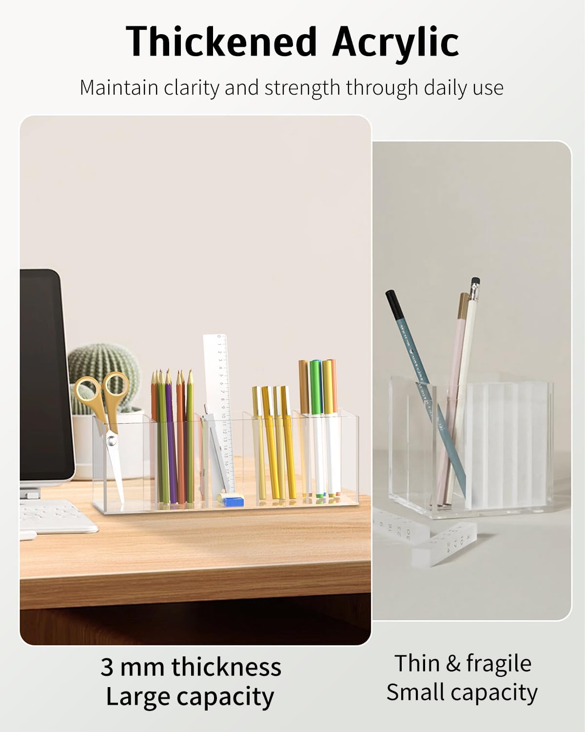 Uniclife Clear Acrylic Pen Holder for Desk, Plastic Pencil Holder Pen Organizer with 5 Compartments, Desktop Stationery Organizer for Office Home School, Vertical Makeup Brush Holder, 11.3" x 3" x 4" image 4