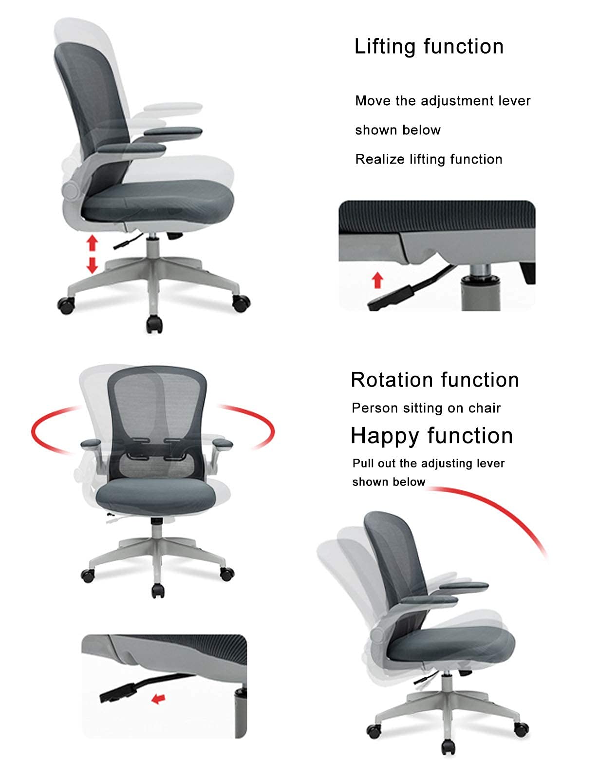 Ergonomiczne krzesło z siatki z przyjazną dla skóry siateczką, odchylane ramiona, idealne dla dziewcząt, kobiet, dorosłych, do biura lub gabinetu