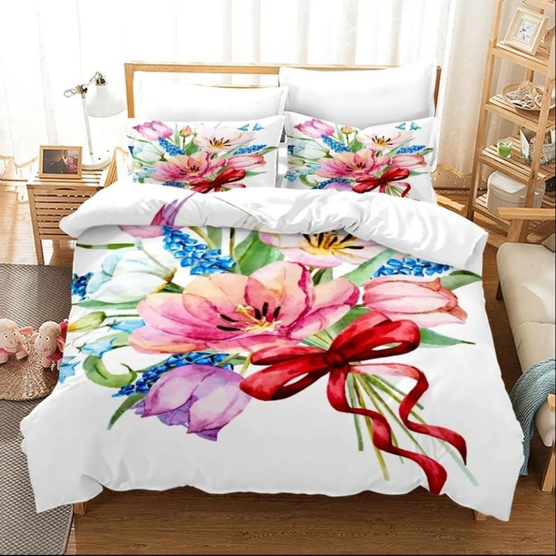 Housse de couette 140x200 microfibre blanche motif plante avec 2 taies