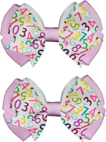MeiMei Multicolour Numbers Maths Pattern 3.25 Inch Grosgrain Ribbon Hair Bow, Slide Barrettes Alligator Hair Clips, Handmade Grils Hair Accessories, 2 Pieces (Number 1, BTF-Cheer,Clips)