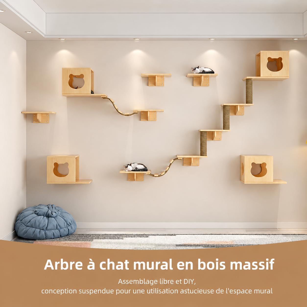 Étagères Murales pour Chat, Ensemble de Meubles Muraux en Bois avec Maison pour Chat, Plateformes d’Escalade, Escaliers, Pont Suspendu et Poteaux en Sisal, Arbre à Chat Mural Gain de Place