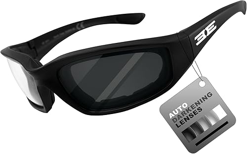 Epoch Eyewear Gafas de sol fotocrómicas acolchadas para motocicleta, montura negra, con lente transparente a súper oscura
