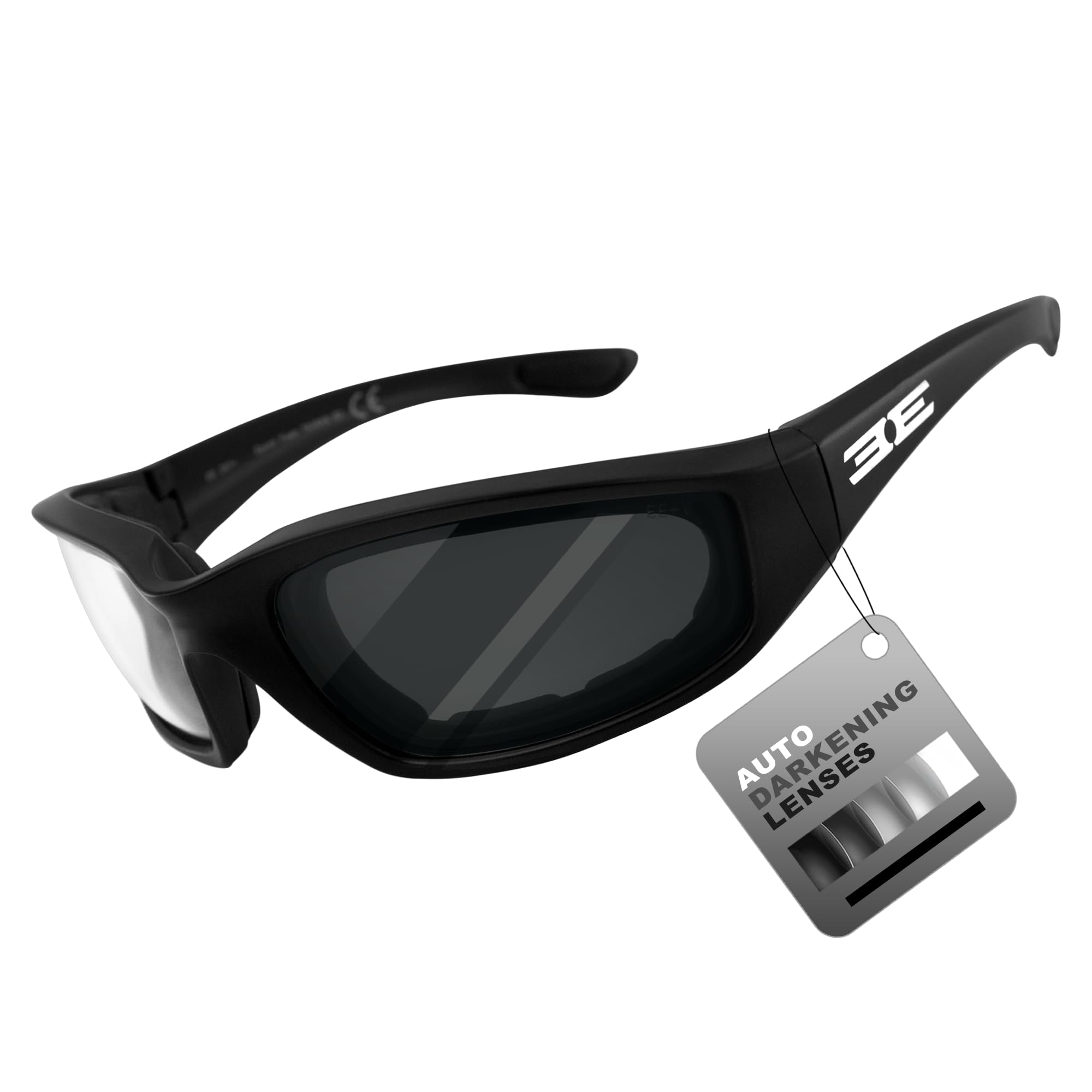 Epoch Eyewear Motocyklowe wyściełane fotochromowe okulary przeciwsłoneczne, czarna ramka z przezroczystymi do bardzo ciemnymi soczewkami, przezroczyste do bardzo ciemnego dymu, dla dorosłych