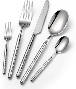 10-Piece Silverware Set, Stainless Steel Flatware Set for 2, Modern Hammered Utensil Tableware Set Include Dinner Knife/Fork/Spoon, Mirror Finish, Dishwasher Safe 10, silver