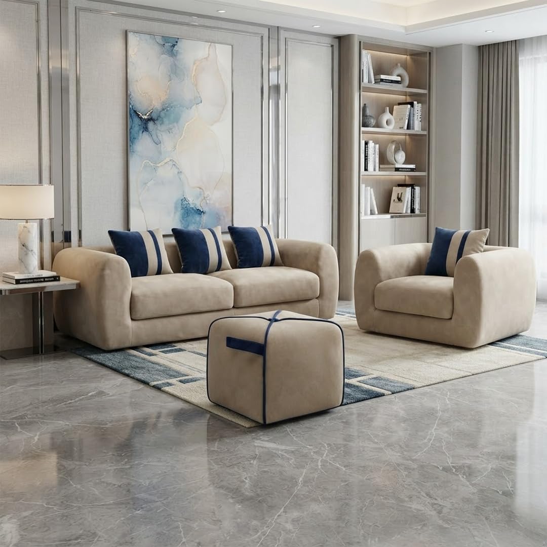 Luxury Baronet 3+1 Seater with 1 Suri Pouff Sofa Set for Living Room | Boston Fabric Upholstered | Modern Cushioned Comfortable Couch for Home Office & Drawing Room | Beige-image-8