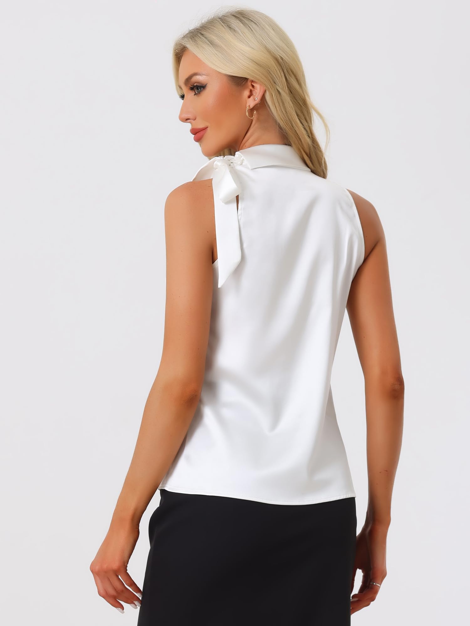 Allegra K Débardeur en Satin Femme Chemisier sans Manches Col à Nouer Haut de Travail Élégant pour Bureau