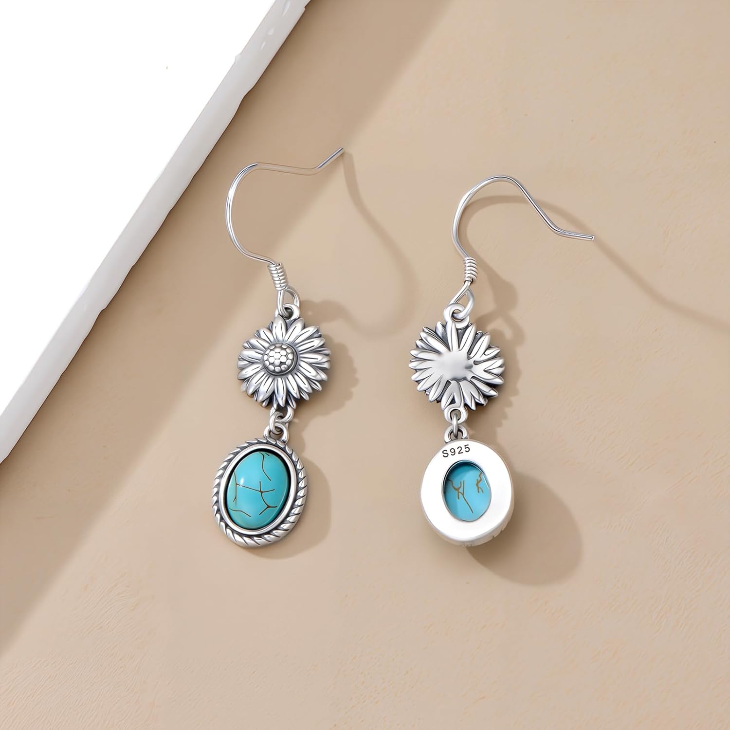 Natural Turquoise Sunflower Earrings 925 Sterling Silver Hook Western Earrings for Women You are my Sunshine Vintage Boho Jewelry Gifts for Her - Image 3