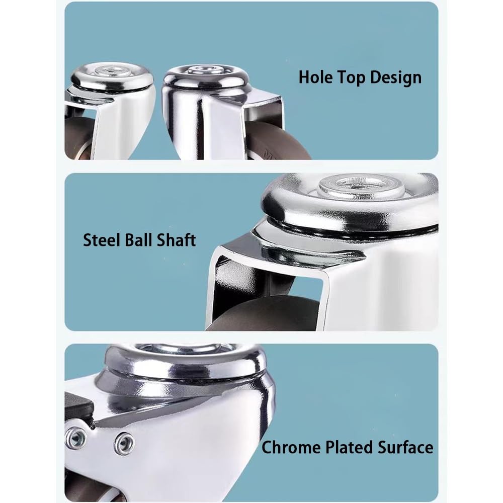 4 Pezzi Ruote Pivottanti con Freni, Foro Superiore Universale Ruote 8 MM, 3 Pollici Silenziose TPE Ruote in Gomma per Carrelli, Mobiletti(Swivel)