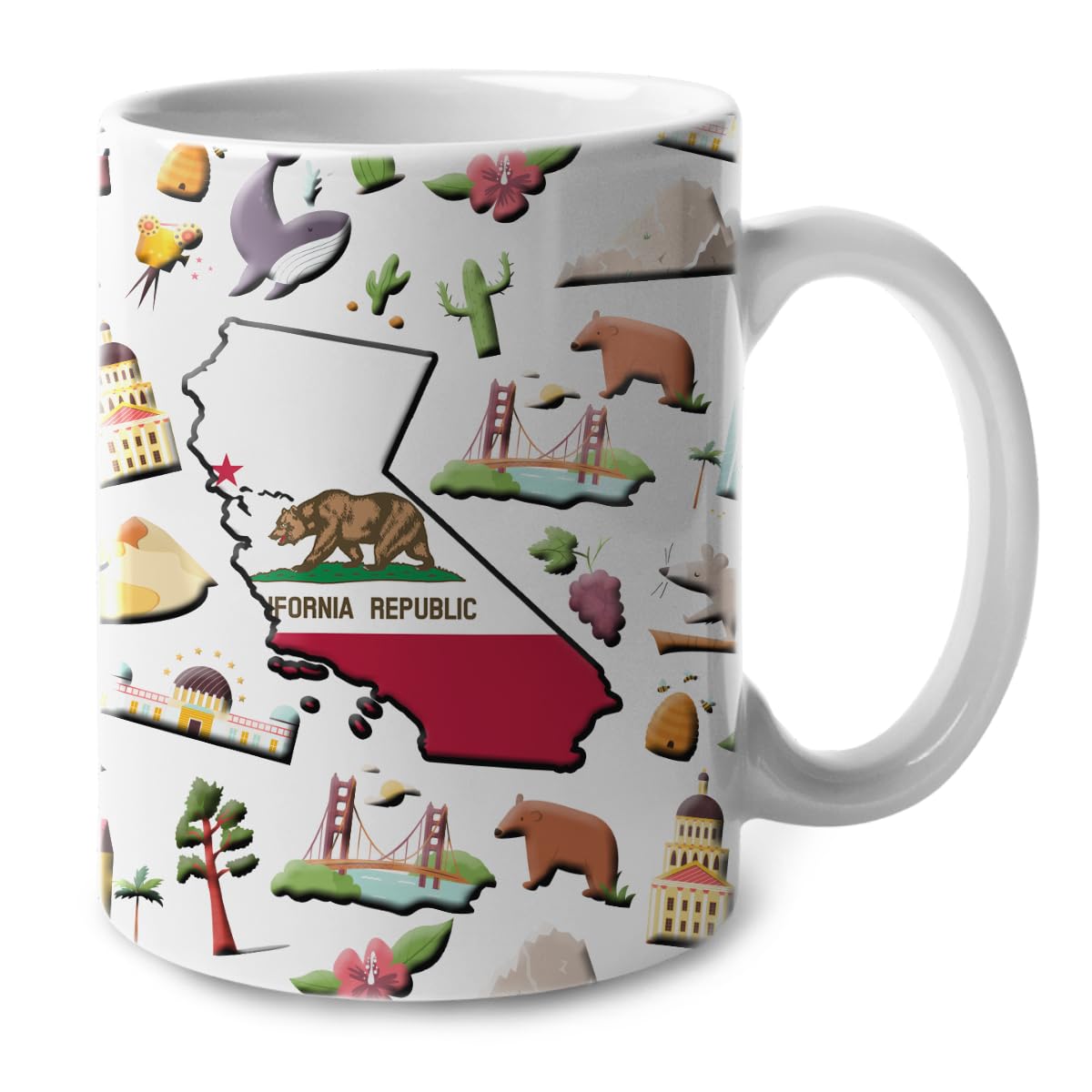 California Symbols Coffee Mug With Map Flag, California Flag Ceramic Mug 11 oz Coffee Mug, California Souvenir and Gifts, Gift Idea for California Men and Women