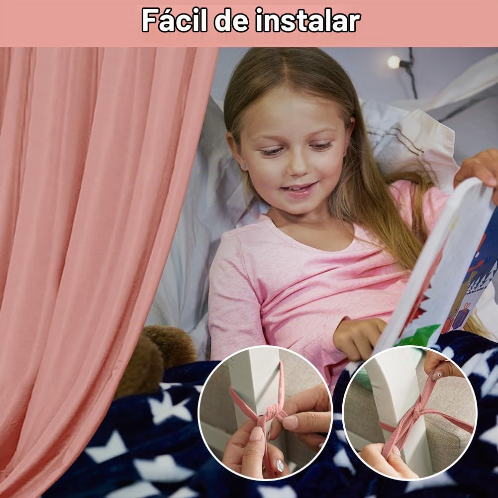 HOTUT 2xDosel, 130 x 320cm Juego de Decoración para Cama de Casa, Dosel para Cama de Niños con Volantes, Mosquitero Decoración, Dosel Cama Compatible Cama Montessori para Niños y Niñas-Rosa