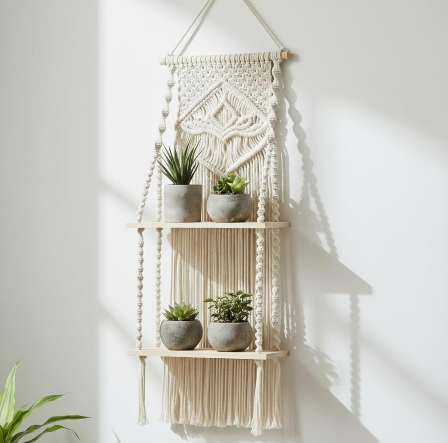 Macrame Wall Hanging Shelf, 2 Tier Bohemian Style, Off White Cotton Rope with Pine Wood Shelves, Hand Woven Home Decor for Living Room Bedroom Nursery, 90x28x10 cm